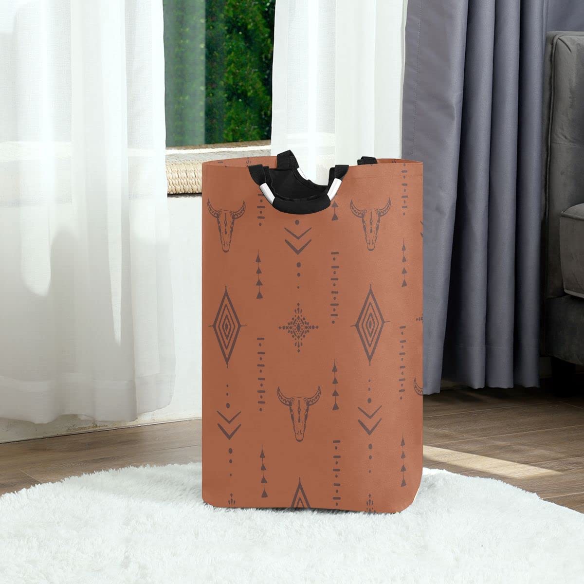 Western Bull Boho Large Collapsible Laundry Hamper Basket with Handles - Stylish Storage Bin for Clothes, Bedroom Organization & Home Decor | Perfect for Laundry Rooms, Dorm Rooms & Bohemian Bedrooms