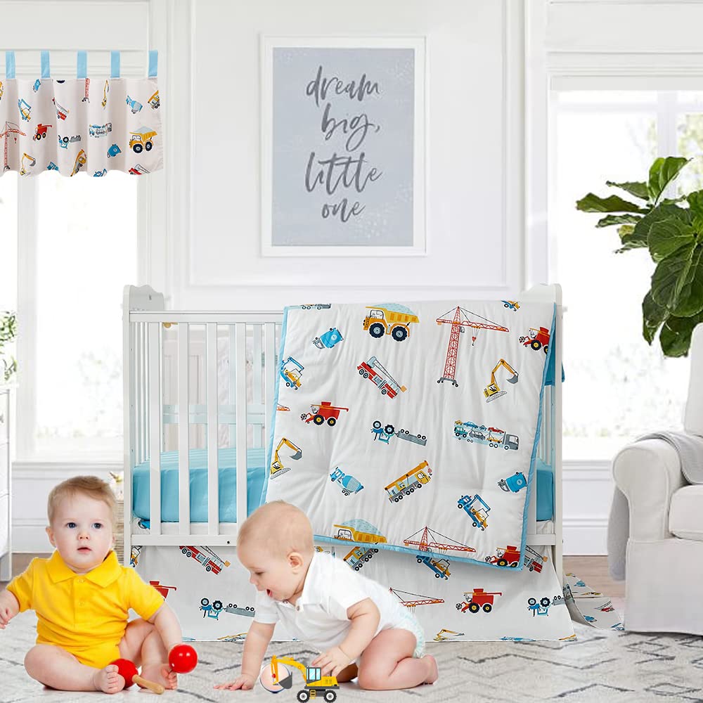 Brandream Boys Construction Truck Nursery Bedding Set - 3 Piece Cotton Crib Set with Comforter, Fitted Sheet & Bed Skirt | Excavator, Vehicle Theme in Blue, Yellow, Red & White | Perfect for Baby Showers, Nursery Decor & Toddler Rooms