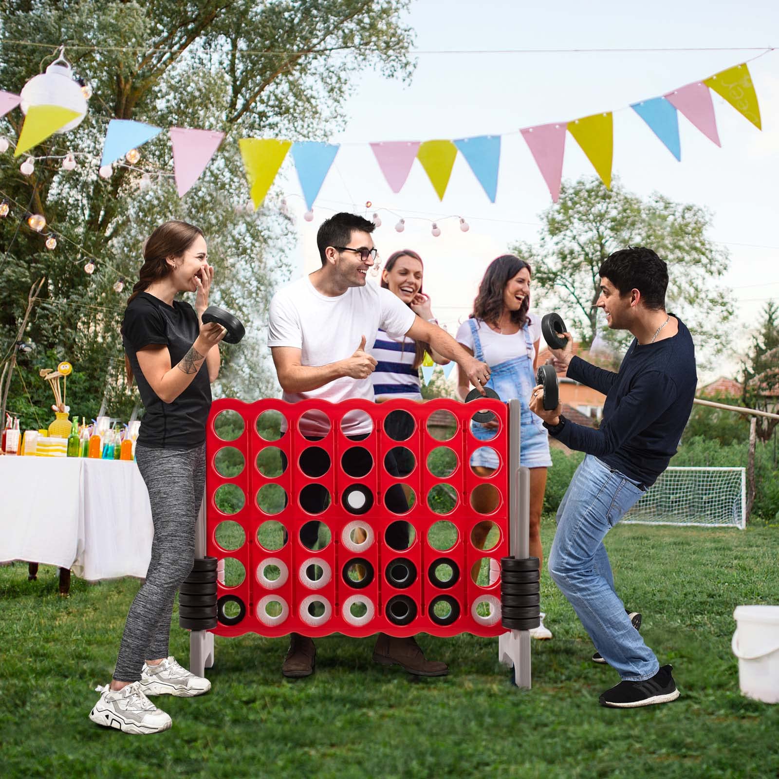 HONEY JOY Jumbo 4-to-Score Giant Game Set - Outdoor Yard Games for Family & Friends with 42 Jumbo Rings & Quick-Release Slider - 3.5FT Tall Giant 4-in-A-Row Connect Game for Kids, Adults, Backyard, Picnic & Party Fun
