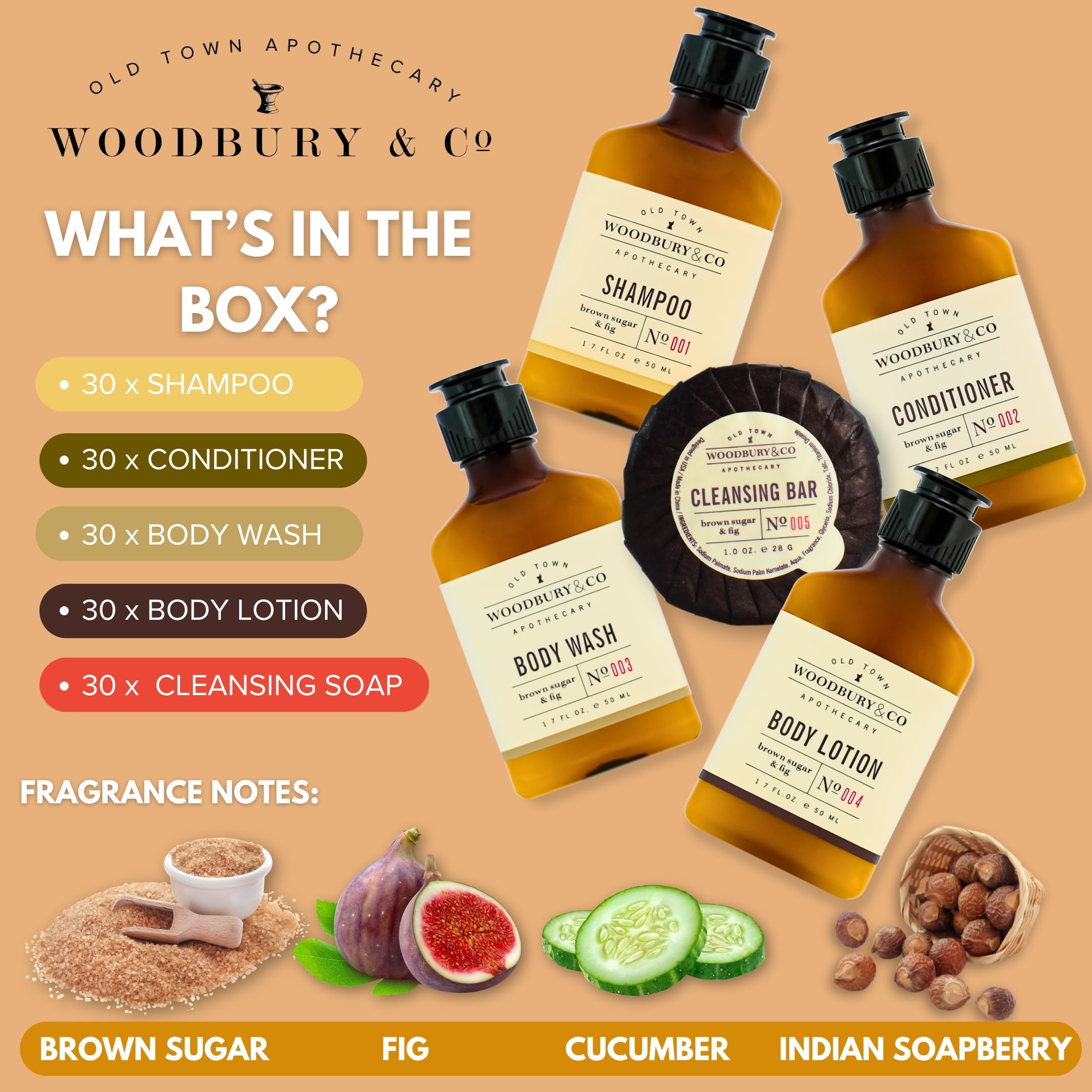 WOODBURY & CO Travel Size Shampoo, Conditioner, Body Wash, Lotion & Soap Set (150 Pack, 1.7 oz Each) - Paraben Free Bulk Toiletries for Hotels, Airbnb, Guest Bathrooms | Mini Hygiene Kits for Travel, Gyms & Hospitality