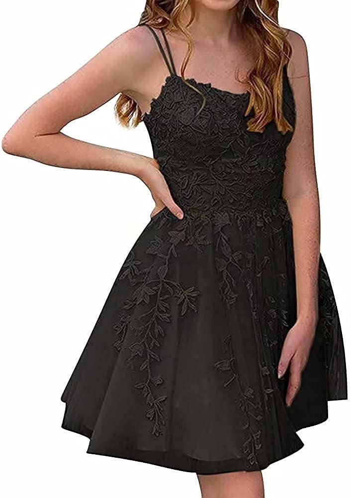 Elegant Spaghetti Strap Lace Applique Homecoming Dress for Teens - Short Prom Dress with Tulle Skirt, Mini Cocktail Party Dress for Dances, Weddings & Special Occasions