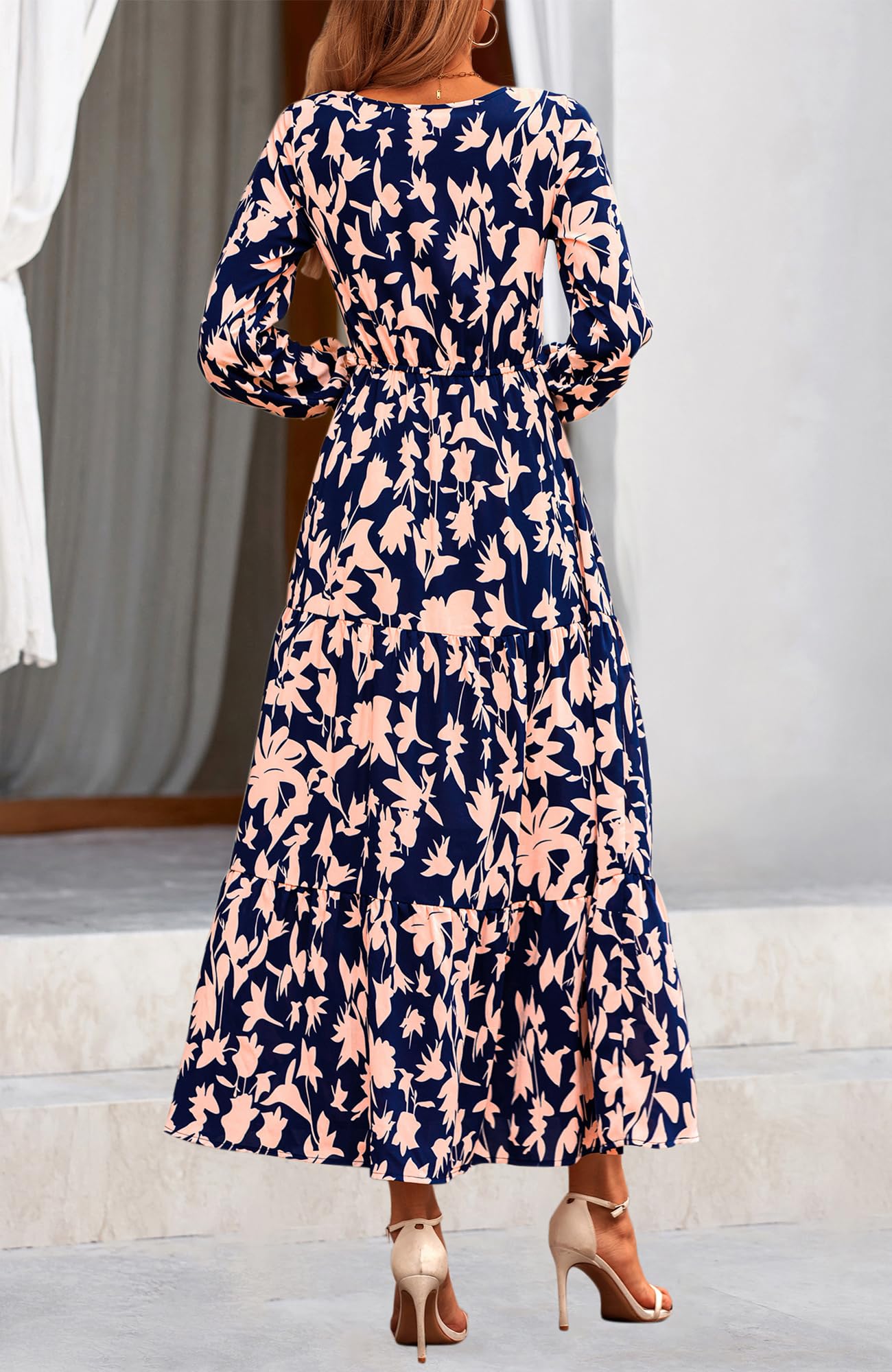 NOLLSOM Women's 2024 Fall Boho Maxi Dress - Long Sleeve V-Neck Floral Print Casual Dress for Wedding Guest, Party, Date Night & Autumn Outings
