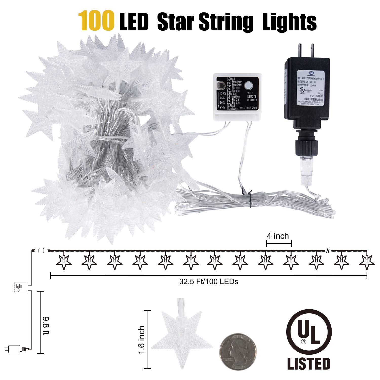 100 LED Star String Lights - 33ft Waterproof Fairy Lights with Remote & Timer, Warm White for Bedroom, Wedding, Party, Garden, Patio, Tent (Indoor/Outdoor Decor) - Perfect for Romantic Nights & Holiday Lighting