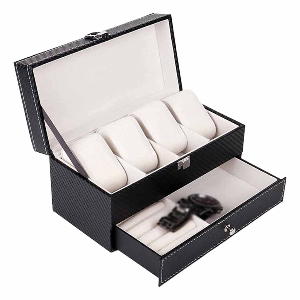 Carbon Fiber Watch Box - 4 Grids Jewelry Organizer for Watches & Rings