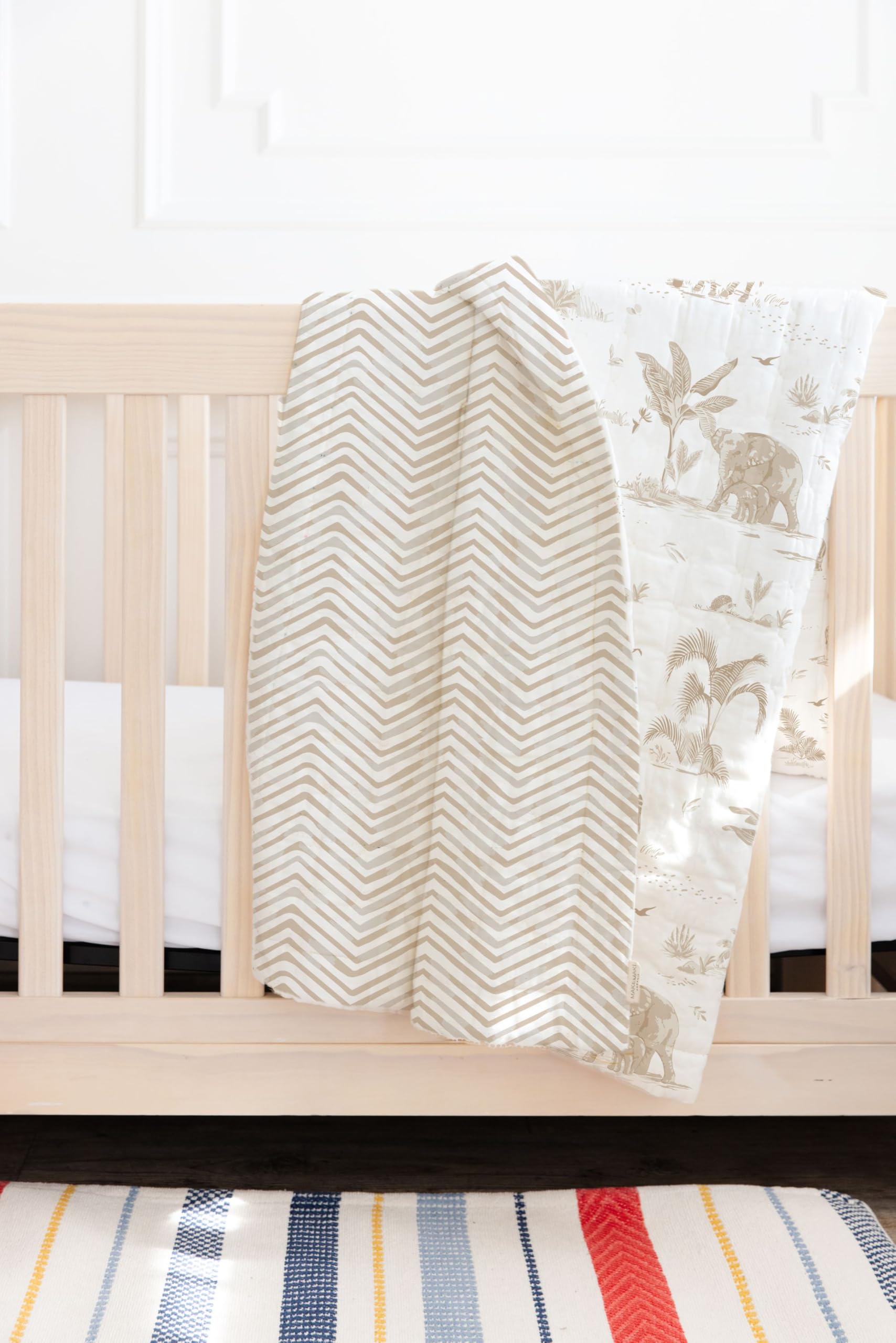 GOTS Certified Organic Toddler Blanket - Ultra Soft Reversible Cotton Comforter for Kids | Breathable & Hypoallergenic | Safari & Herringbone Design (44x60 inches) - Perfect for Nursery, Daycare, and Travel
