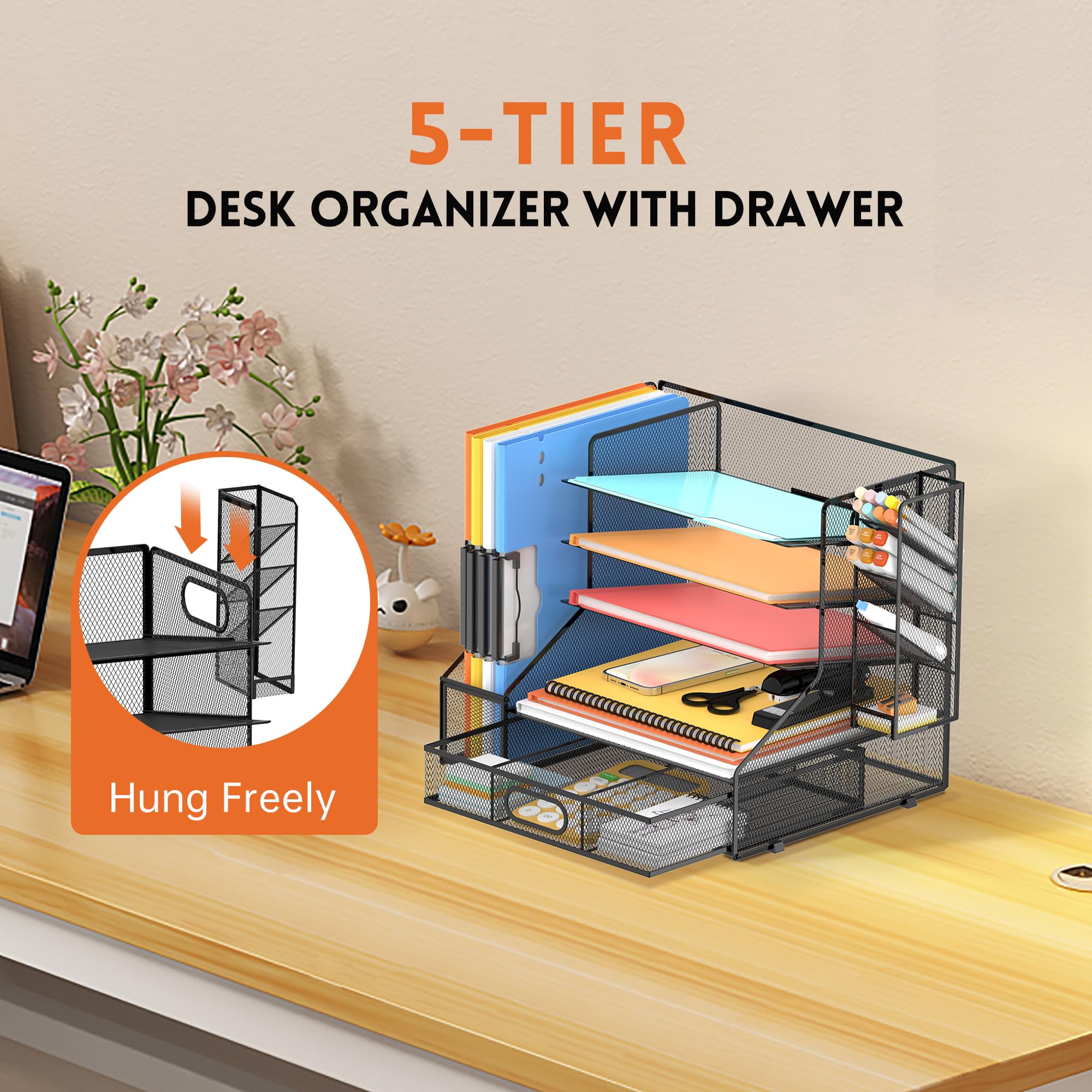 DALTACK 5-Tier Mesh Desk Organizer with File Holder, Pen Holder & Sliding Drawer - Black Office Storage Solution for Paper, Letters & Desk Accessories | Perfect for Home Office, Workspace & School Organization