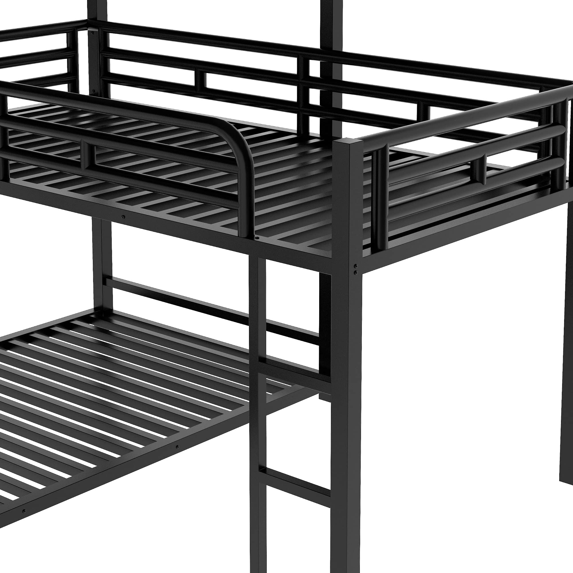 MERITLINE Metal Triple Bunk Bed for Kids & Teens - L-Shaped Twin Over Twin Bunk Bed Frame with Guardrails & Ladder - 3-in-1 Space Saving Bunk Bed for Small Rooms, Dorms, or Shared Kids' Bedrooms - Sturdy Black Metal Bunk Bed for Adults & Children