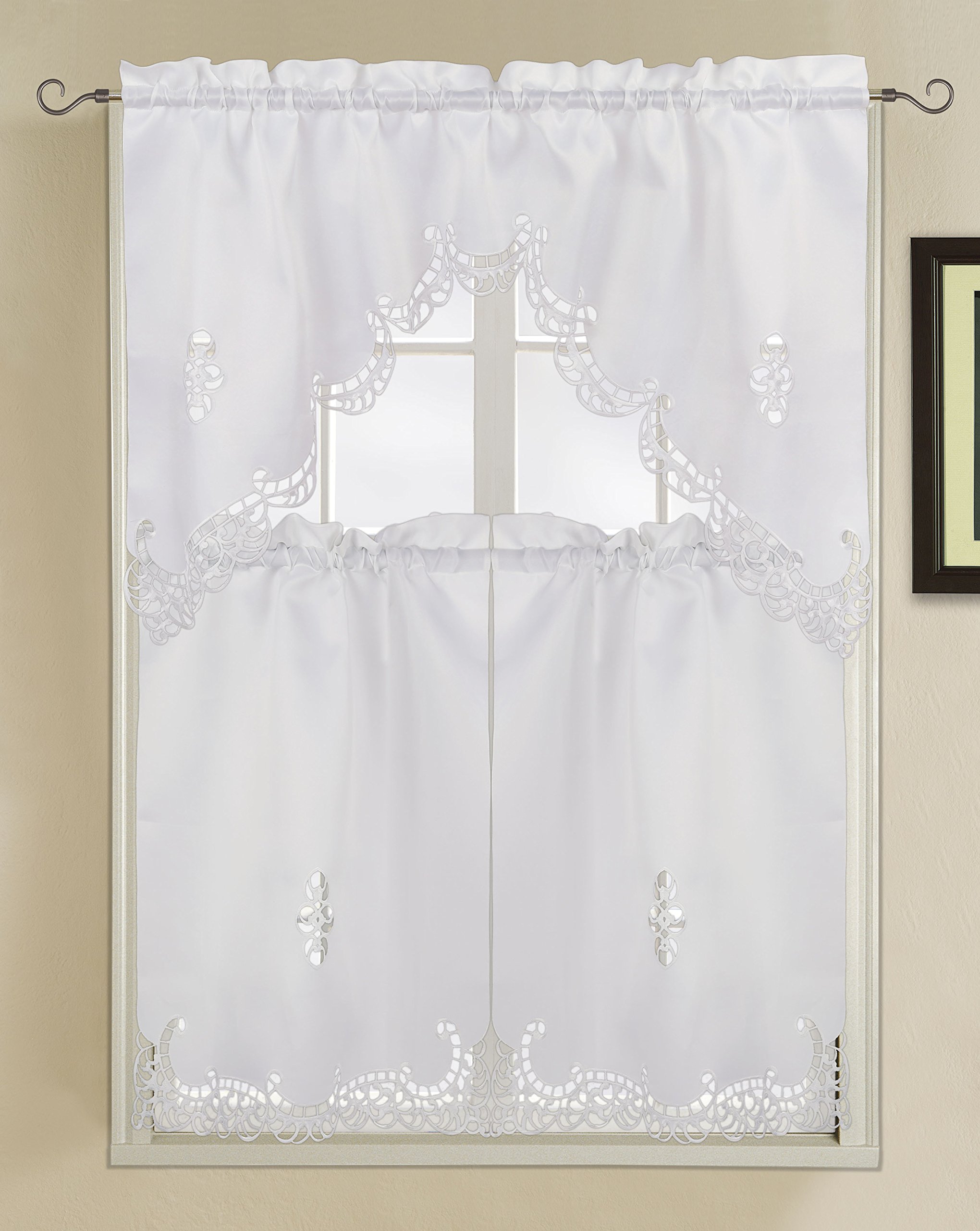Luxury Embroidered Hand Cutwork Kitchen Curtain Set - 3PC White Holland Style Window Treatments for Farmhouse & Modern Kitchens