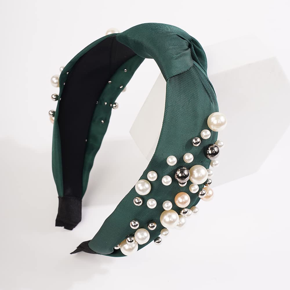 Wiwpar Fashion Pearl Knotted Headbands for Women - Wide Pearl Bead Hair Accessory Boho Style Headband (Green) - Perfect for Weddings, Parties & Everyday Wear