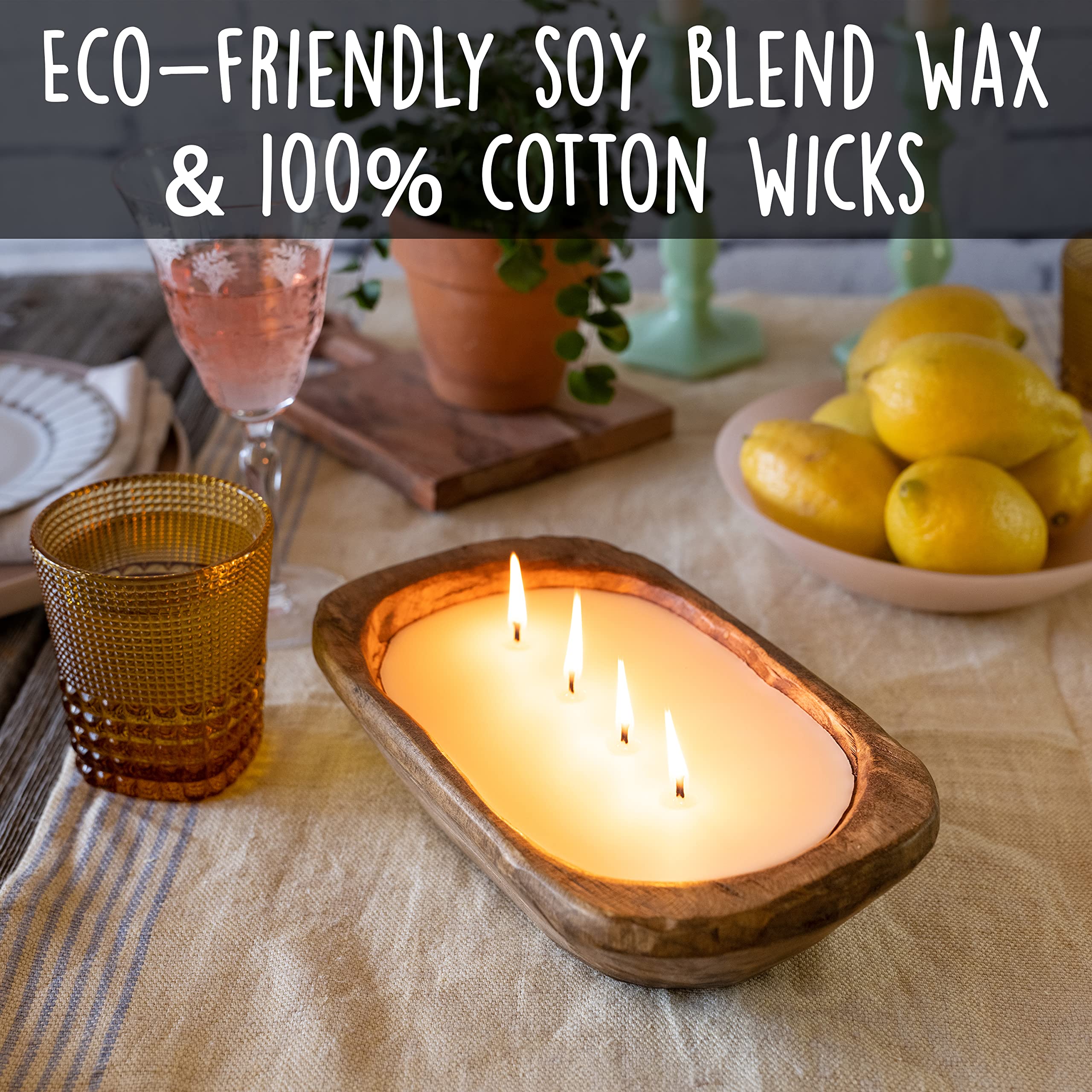 10 Inch Wooden Dough Bowl Soy Candle - Unscented Farmhouse Decor with 4 Wicks for Rustic Weddings, Holiday Centerpieces & Cozy Home Ambiance