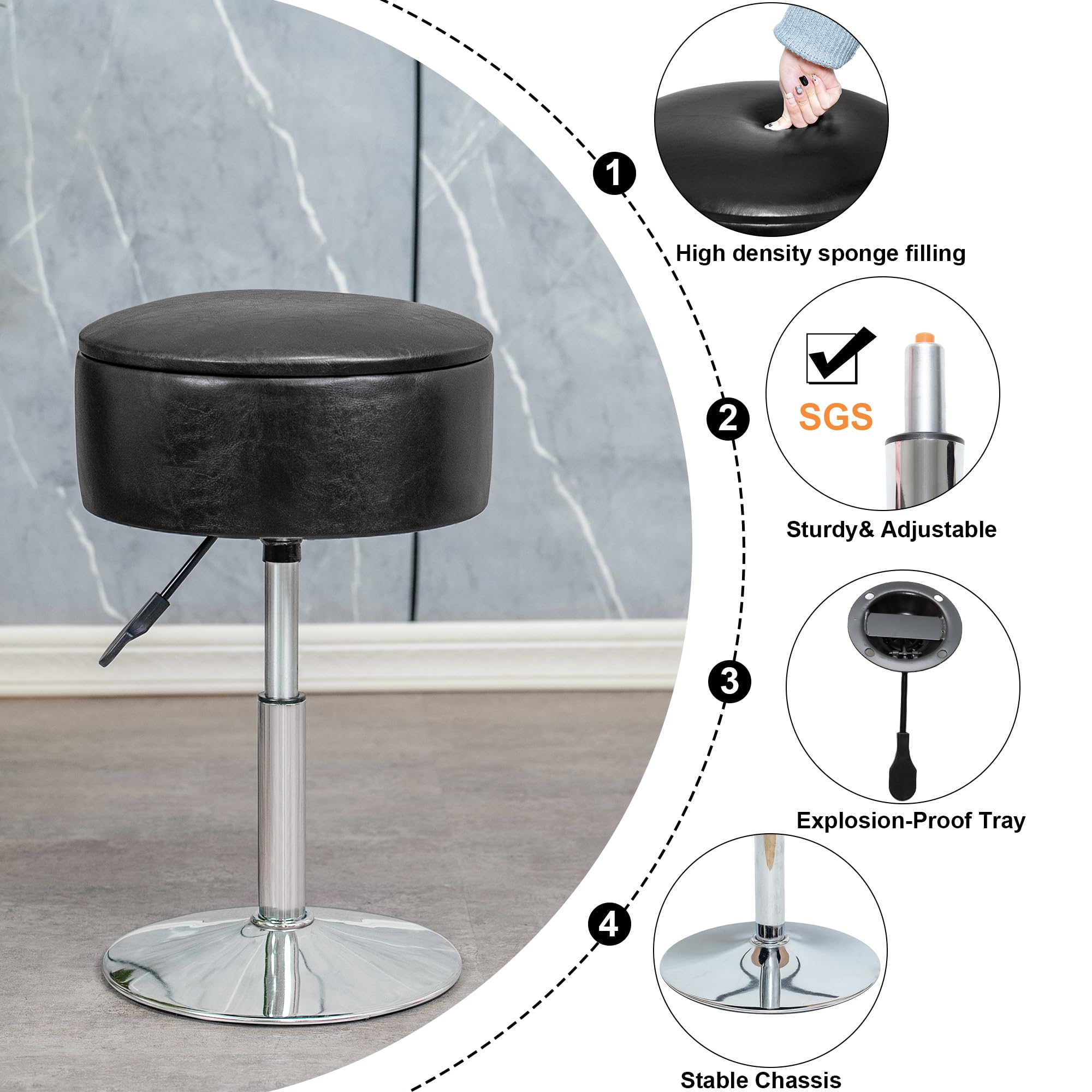 Adjustable Leather Vanity Stool with Storage - 360° Swivel Makeup Chair for Bedroom & Living Room, Round Ottoman Footrest (Black) - Perfect for Dressing Tables, Beauty Rooms & Home Decor