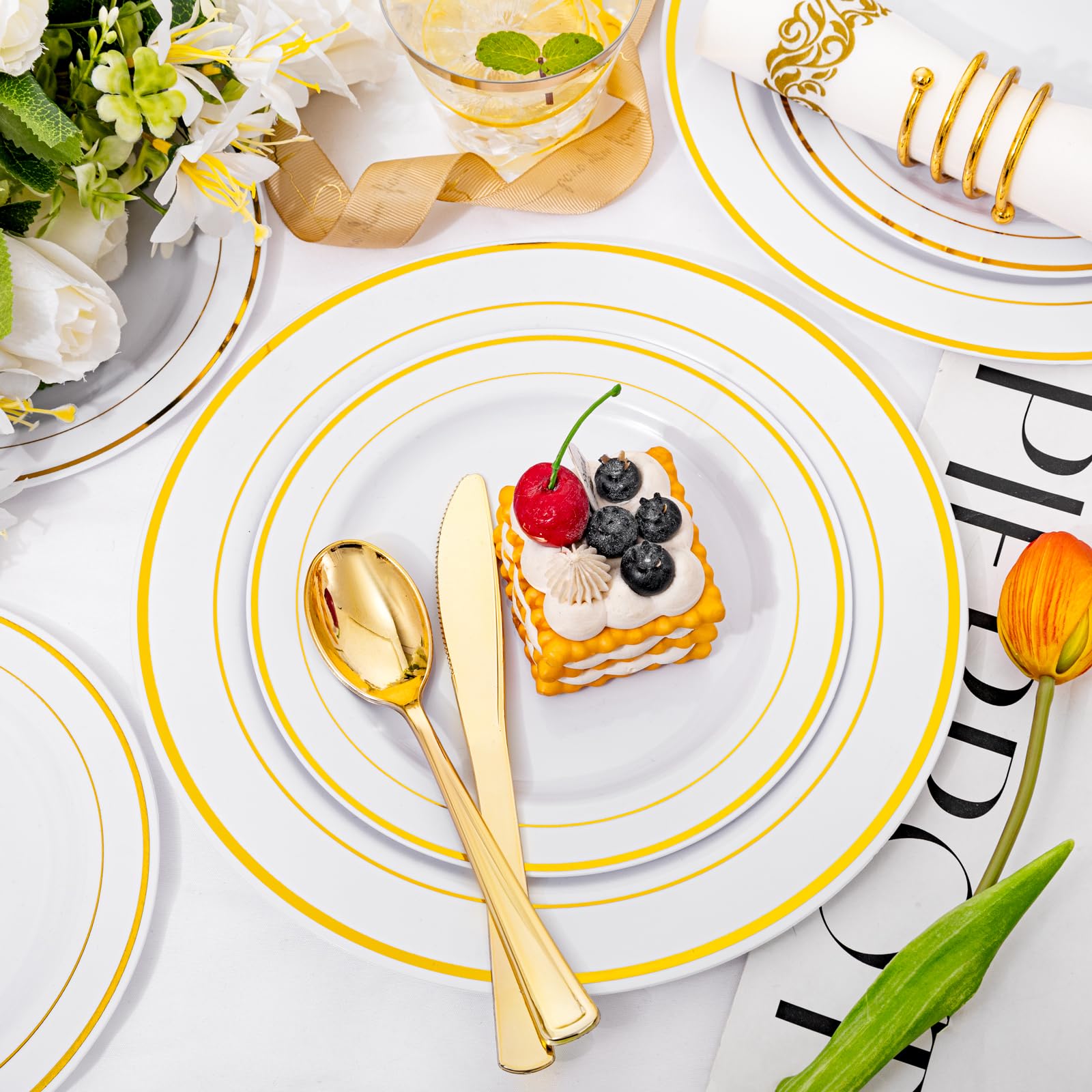 350-Piece Gold Disposable Dinnerware Set for 50 Guests - 100 Plastic Plates, 50 Paper Napkins, 50 Cups & 50 Silverware - Elegant Party & Wedding Tableware for Banquets, Bridal Showers, Anniversary Celebrations and Special Events