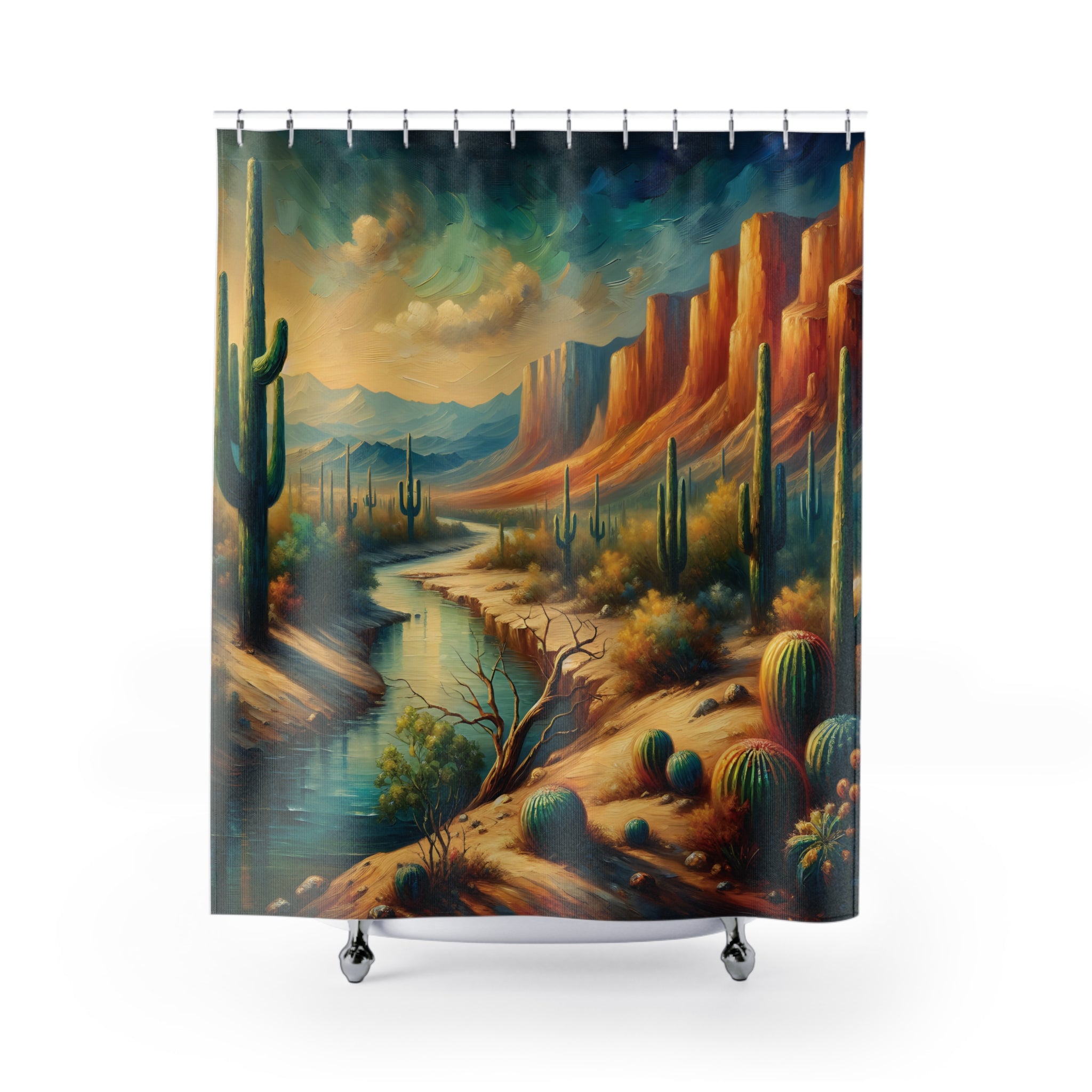 Scenic Mountain River Desert Painting Shower Curtain - Waterproof Polyester Bathroom Decor with Nature Landscape Art - Perfect for Southwest Style Homes & Wilderness Themed Bathrooms