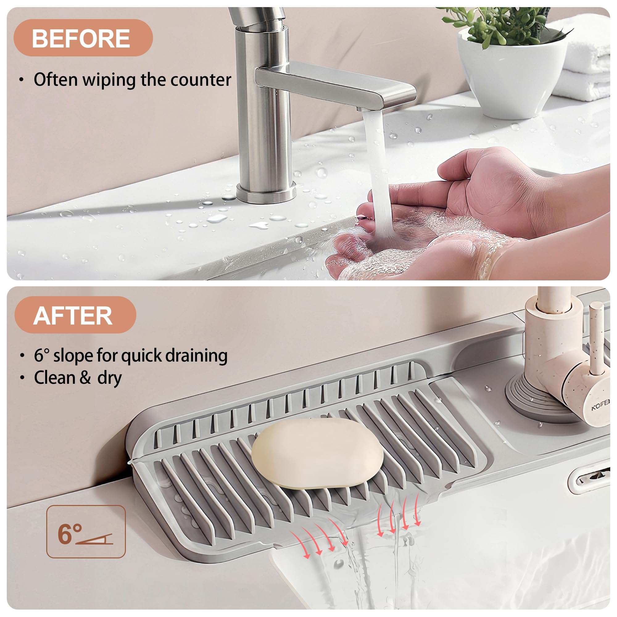 24 Inch Silicone Faucet Mat for Kitchen Sink - Non-Slip 6° Slope Design with Fasten Buttons, Quick-Dry Splash Guard Water Catcher Behind Faucet, RV & Bathroom Safe (Gray) - Perfect for Kitchen Countertops, Sink Areas, and Mobile Homes