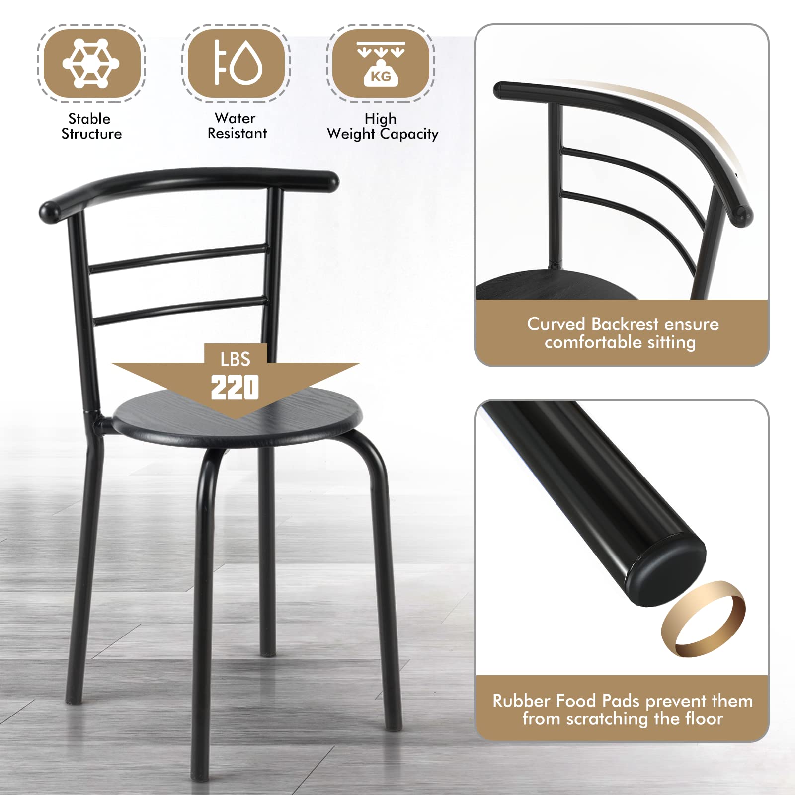 NAFORT 3-Piece Round Dining Table Set for 2 - Compact Kitchen Table & Chairs with Storage Shelf, Space Saving Bistro Set, Steel Frame in Black - Perfect for Small Apartments, Breakfast Nooks & Cozy Kitchenettes