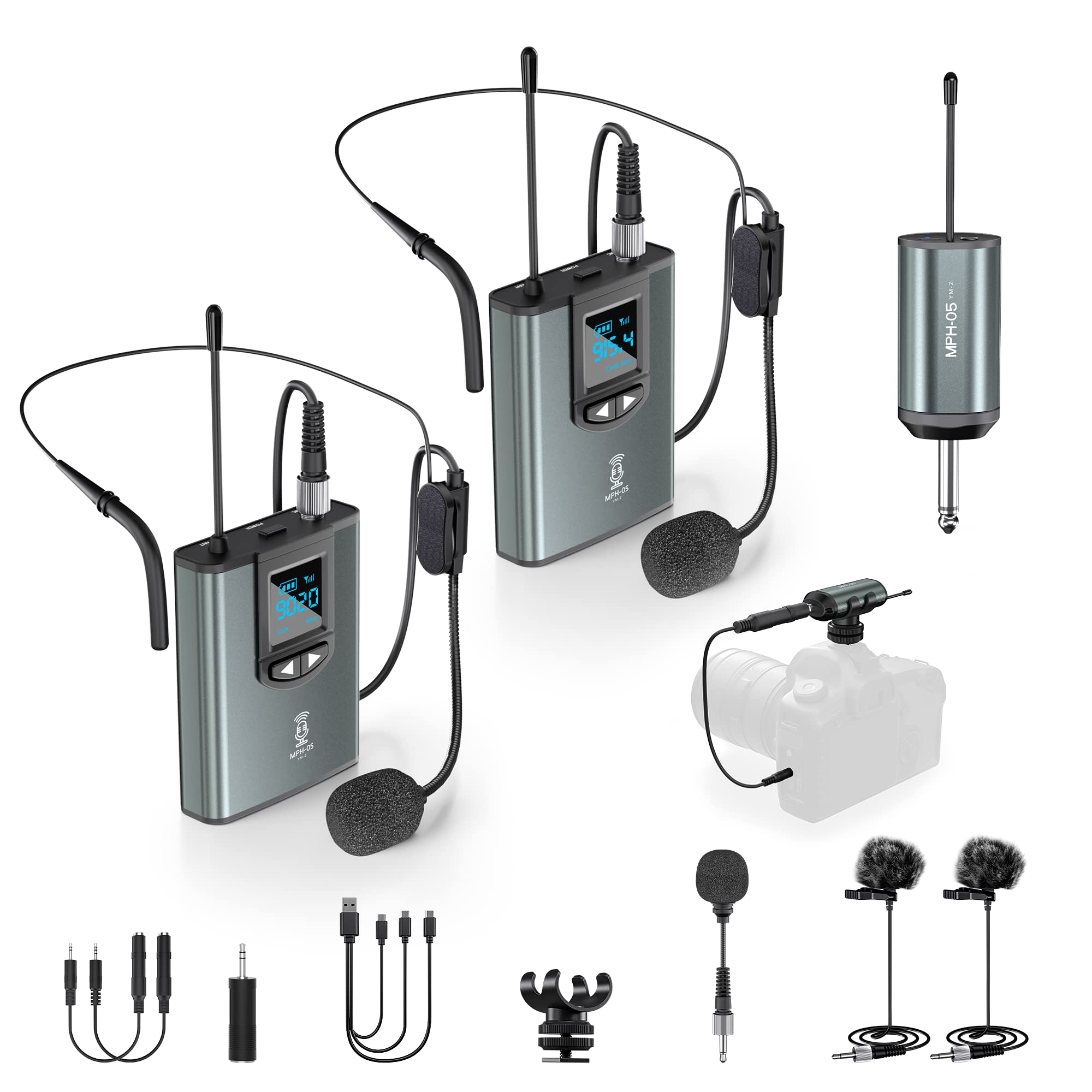 Professional Wireless Microphone System - Dual Transmitter & Receiver with Lavalier/Headset Mic - Rechargeable Bodypack for PA Speakers, Cameras, Video Recording - Perfect for Teaching, Church Services, Interviews, YouTube Videos & Live Streaming
