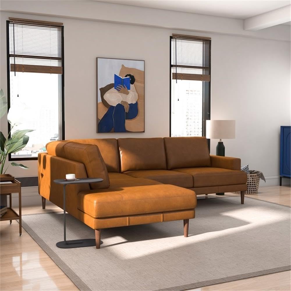 ASHCROFT Aplee Pillow Back Genuine Leather Upholstered Left-Facing Tan Sectional Sofa - Perfect for Living Room, Family Room & Home Theater Seating