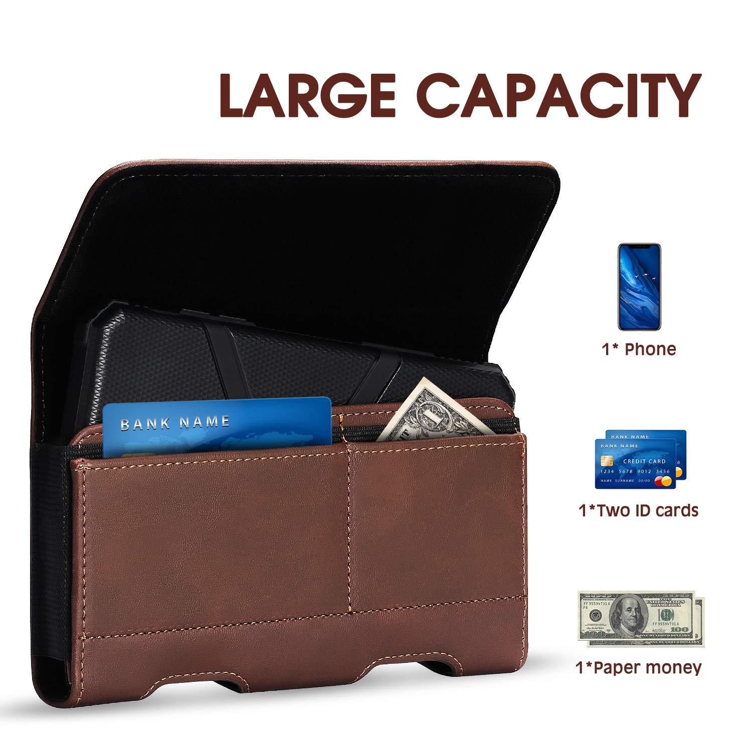 BECPLT Leather Holster Case with Card Holder for iPhone 16 Pro Max/16 Plus/15 Pro Max/15 Plus/14 Plus/14 Pro Max/12 Pro Max/11 Pro Max/Xs Max - Brown | Belt Clip Pouch for Work, Travel & Outdoor Activities