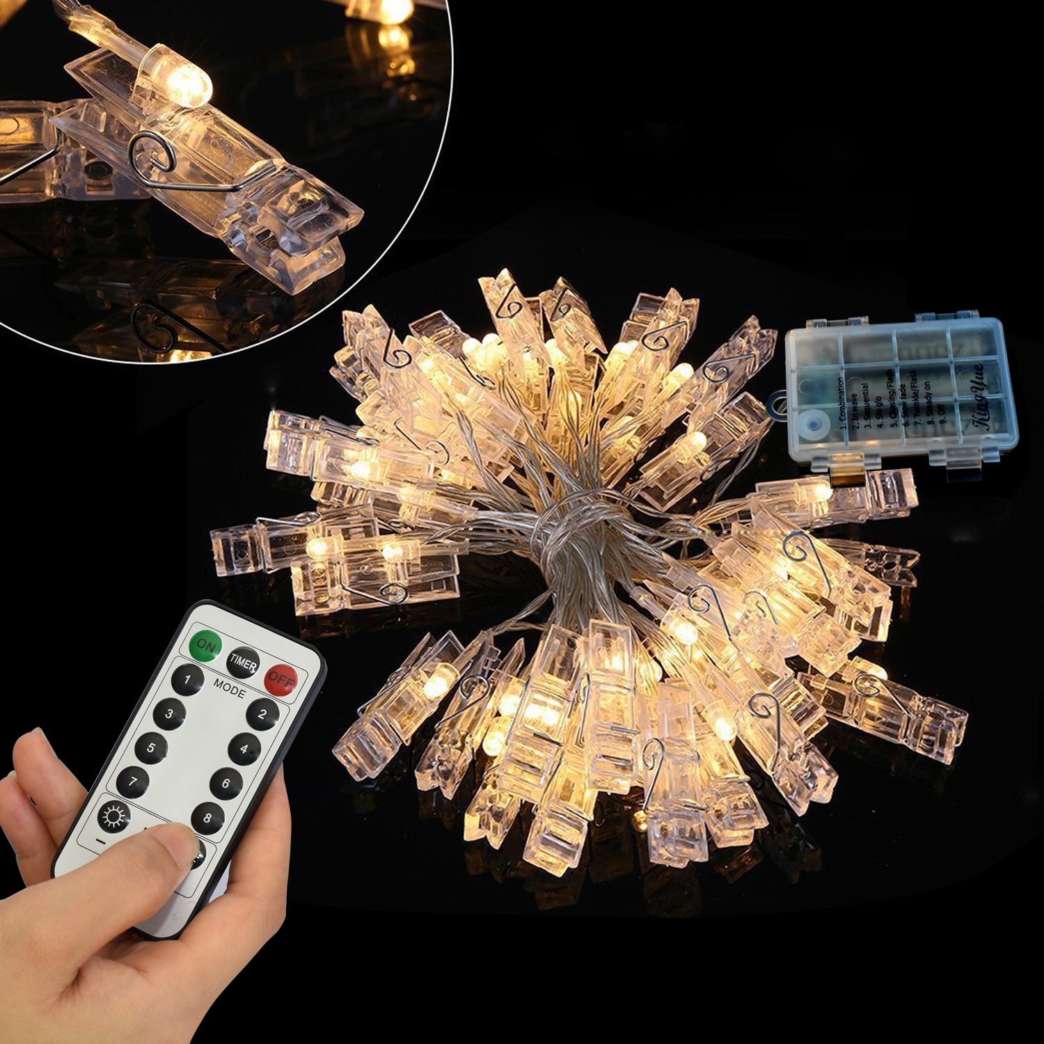 20 LED Photo Clip String Lights with Remote & Timer - 8 Modes Fairy Lights for Hanging Pictures | Perfect for Dorm, Bedroom, Wedding & Christmas Party Decor (Warm White)