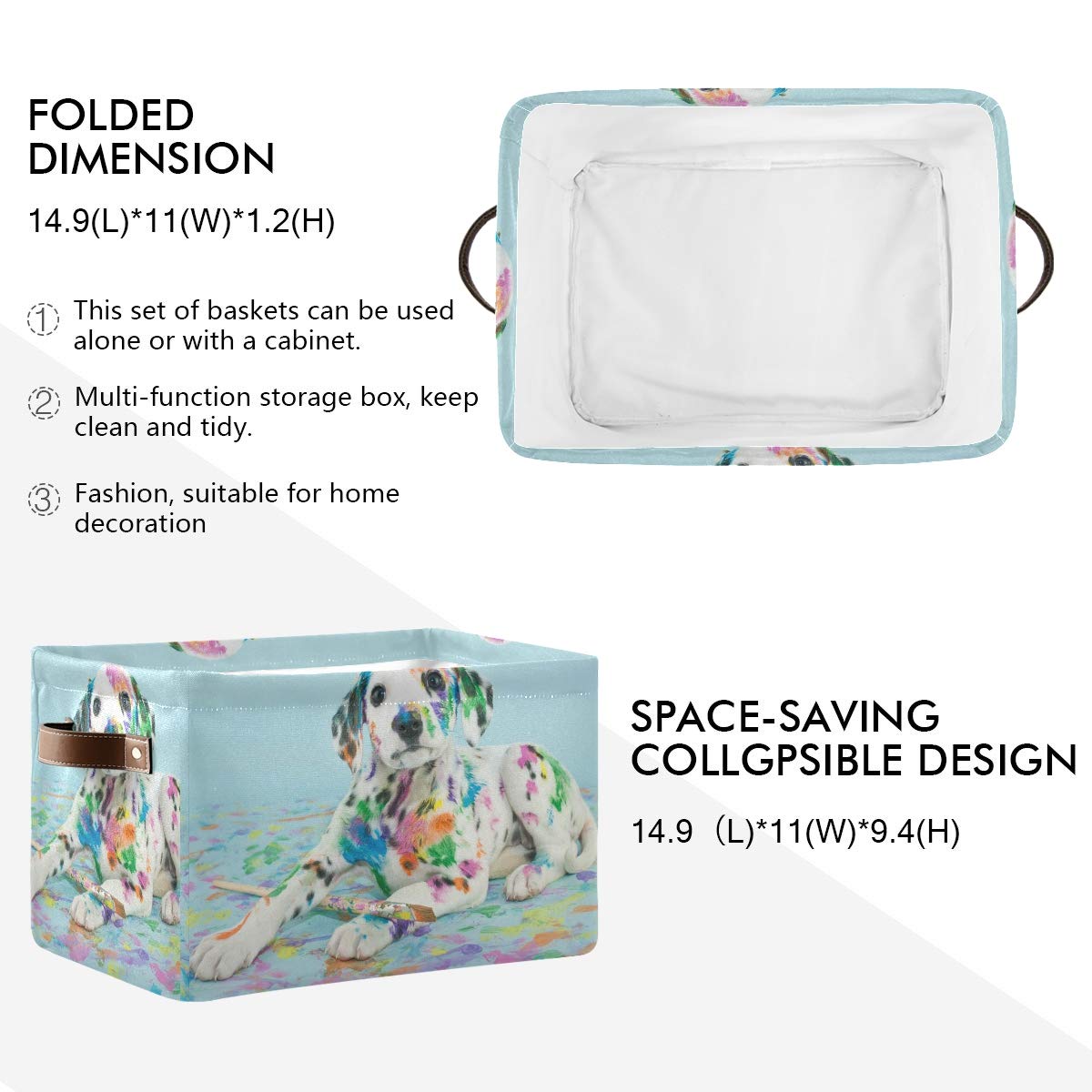 QMXO Collapsible Canvas Storage Basket with PU Leather Handles - Watercolor Dalmatian Puppy Design for Toys, Clothes & Home Organization | Perfect for Wardrobe, Closet & Shelf Organizer