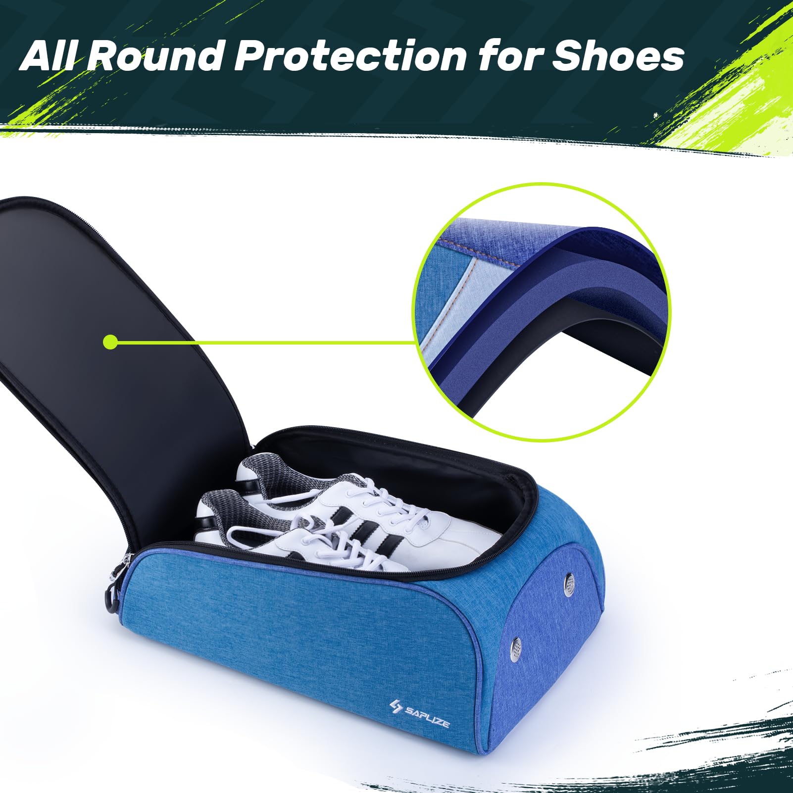 **SAPLIZE Soft Padded Golf Shoe Bag - Breathable Shoe Carrier with Ventilation Holes | Durable Sports Shoe Storage Organizer (Blue) | Perfect for Golf, Travel & Gym**
