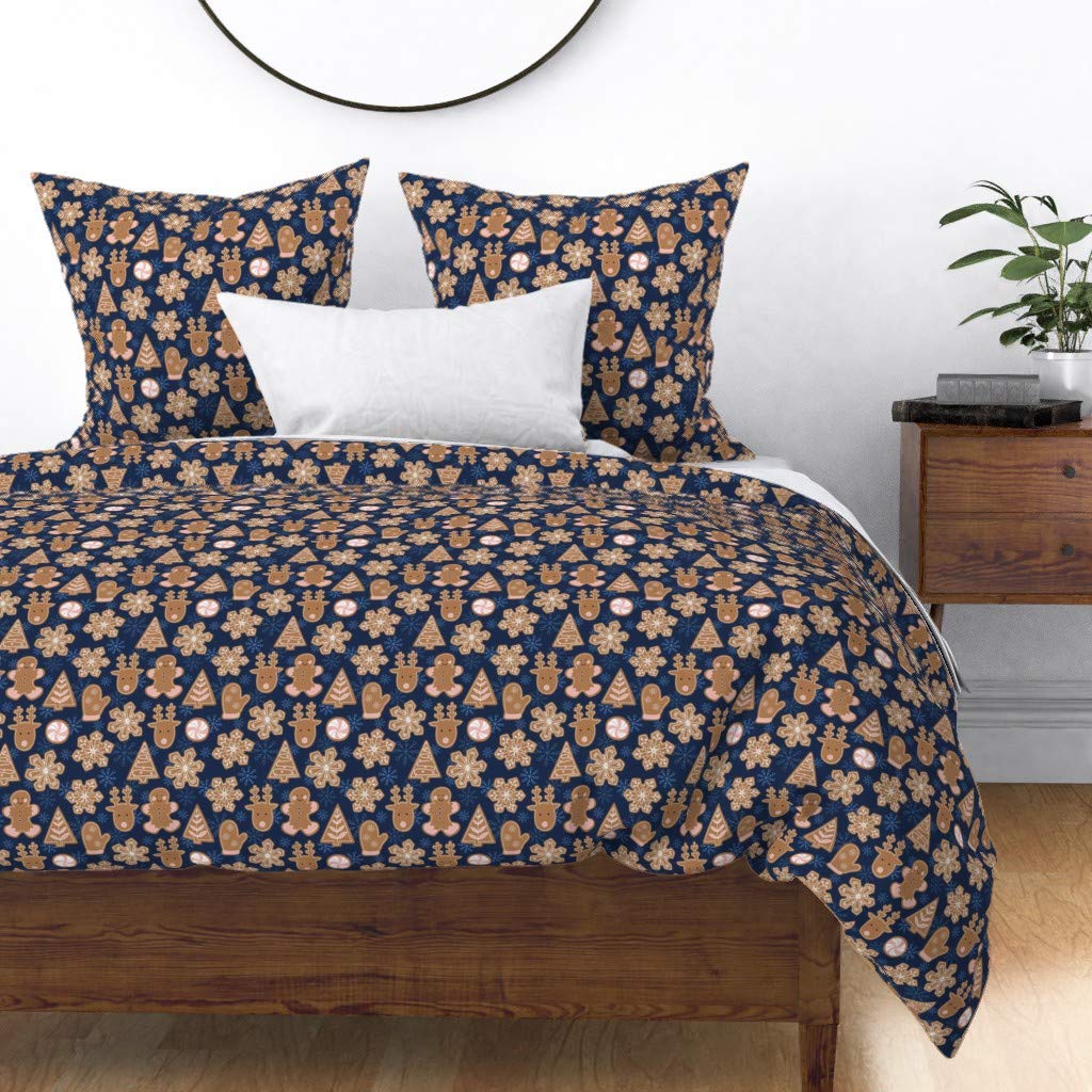 Custom Christmas Gingerbread Cookies Snowflakes Duvet Cover - Full/Queen Cotton Sateen Bedding Set | Winter Holiday Baking Theme Blue Print | Perfect for Festive Bedroom Decor & Cozy Seasonal Home Styling