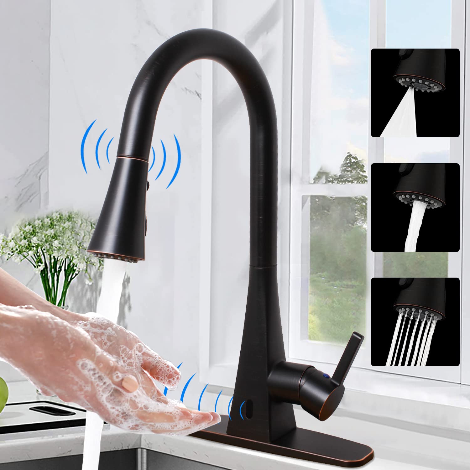 ANBSR Motion Sensor Touchless Kitchen Faucet with Pull Down Sprayer - Oil Rubbed Bronze Stainless Steel, Single Handle 3 Hole Installation, 3 Spray Settings for Easy Cooking & Cleaning - Perfect for Modern Kitchens, Restaurants, and Commercial Use