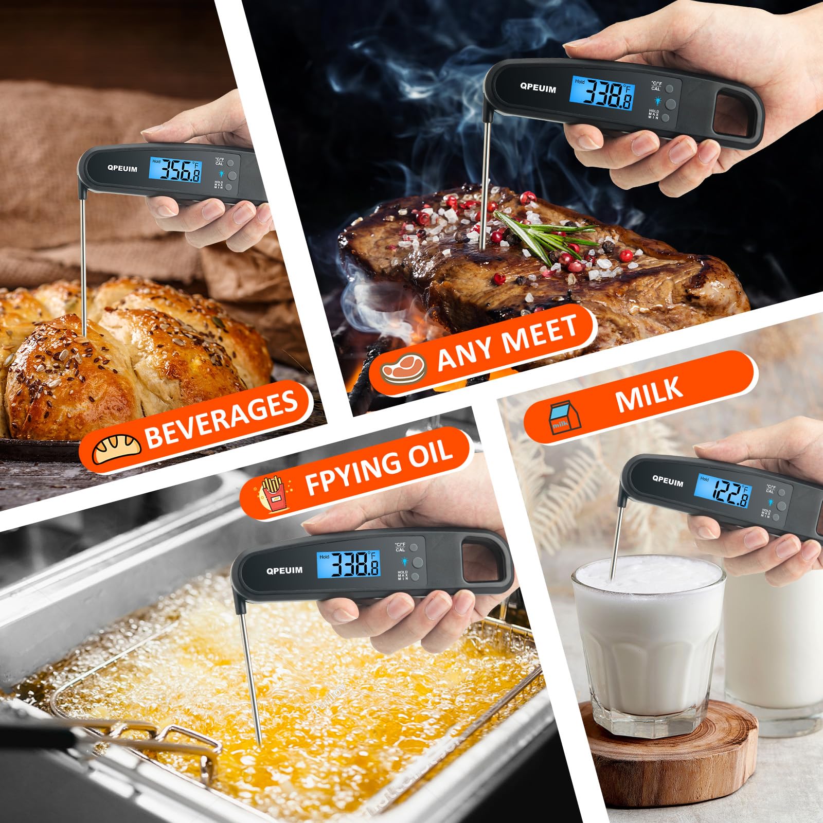 QPEUIM Digital Meat Thermometer - Instant Read Kitchen Thermometer for Cooking, BBQ, Grilling, Smoking & Candy Making with Backlight & Magnet - Perfect for Oil Deep Frying, Roasts, Baking & Outdoor Grilling