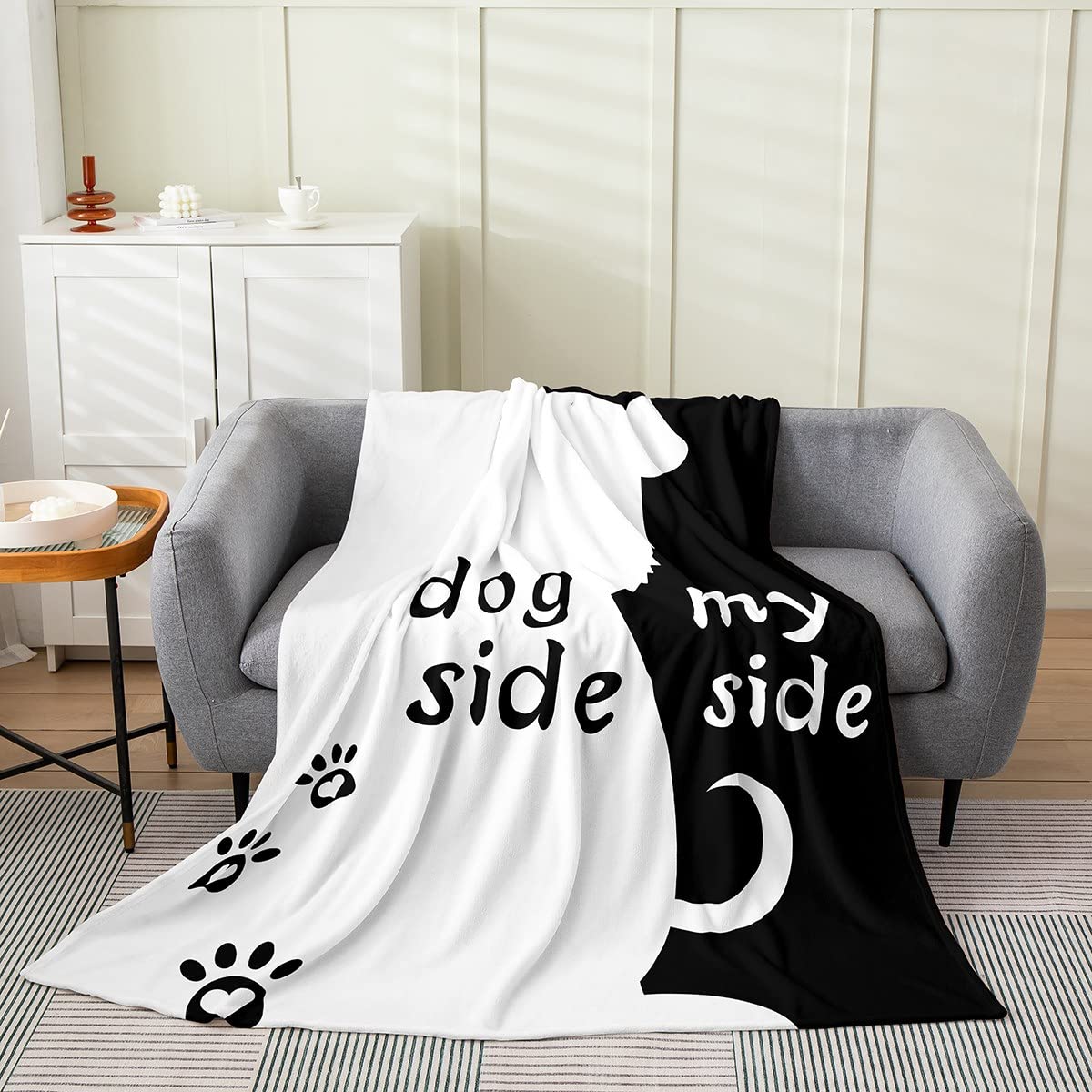 Erosebridal Romantic Queen Size Flannel Blanket 90x90 Inch - Ultra Warm Black & White Cartoon Dog Design - Cozy Pet Blanket for Bedroom, Couch & Travel - Perfect Gift for Dog Lovers & Couples