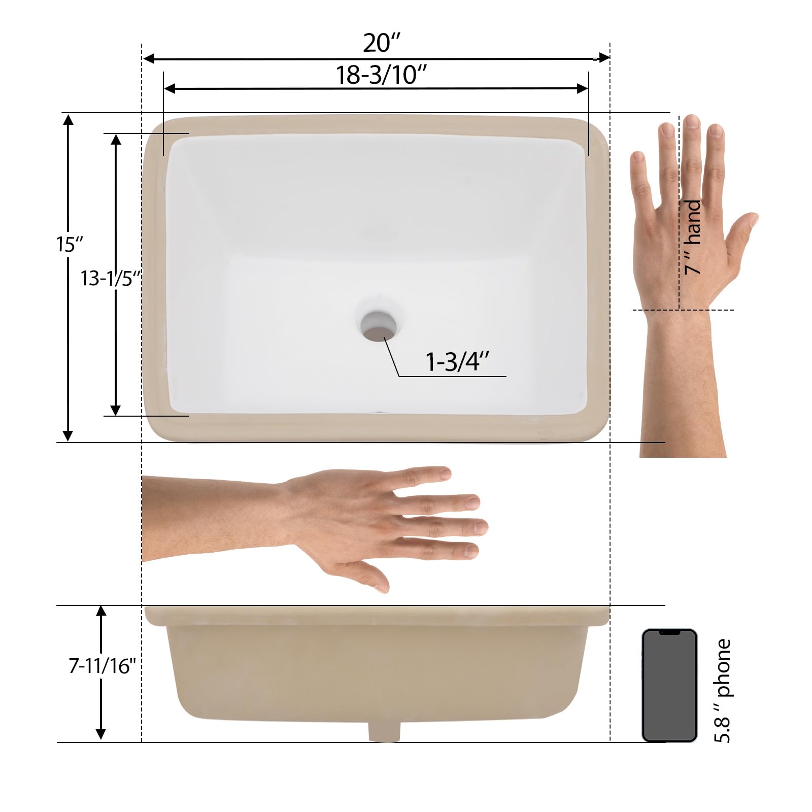 Mocoloo 20x15 Inch Undermount Bathroom Sink - White Porcelain Rectangular Ceramic Vanity Sink with Overflow Drain, 7.5