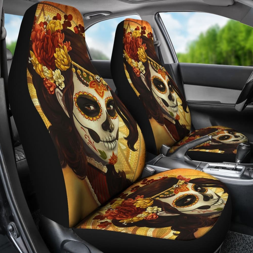2 Pcs Sugar Skull Day of the Dead Car Seat Covers - Mexican Style Floral Print Auto Accessories for Halloween, Dia de los Muertos Decor & Car Interior Protection