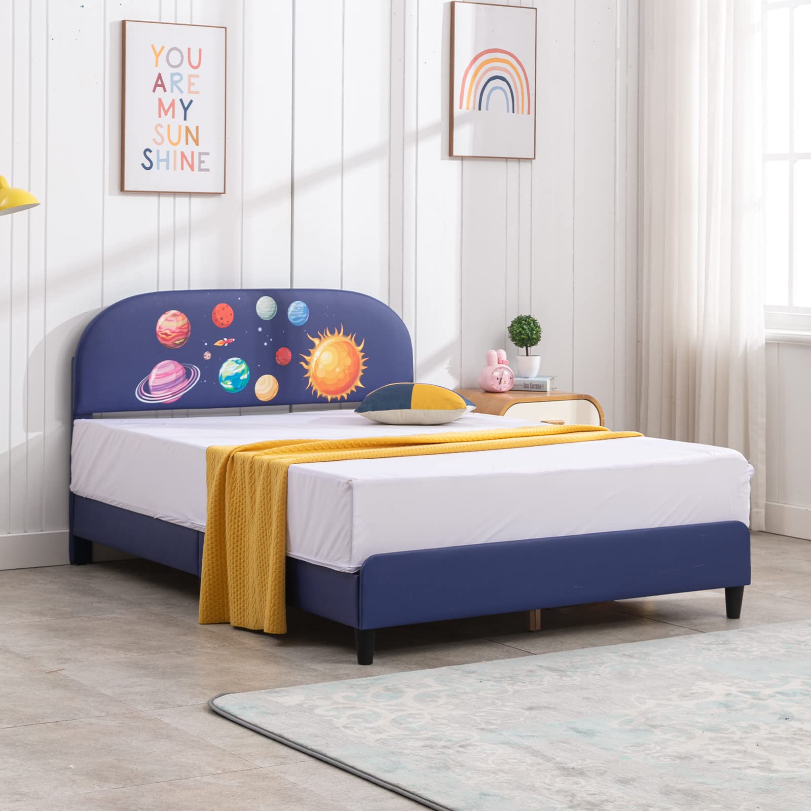 **BALUS Full Size Bed Frame for Kids - PVC Tufted Headboard & Wood Slat Support, No Box Spring Needed, Space Adventure Themed Bed Platform (Space Planet) - Perfect for Boys' Bedroom Decor & Space-Themed Rooms**