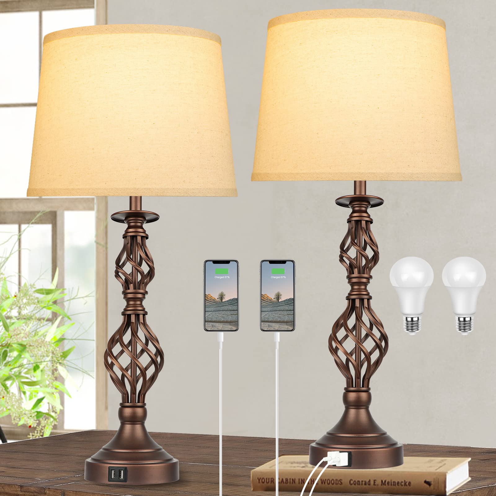 2-Pack Touch Control Farmhouse Table Lamps with USB Ports - 3-Way Dimmable Nightstand Lamps, Spiral Cage Base Design, Cream Fabric Shades (Bulbs Included) - Perfect for Bedroom, Living Room & Guest Room Lighting