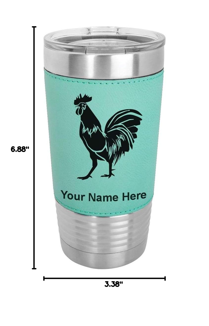 LaserGram 20oz Vacuum Insulated Stainless Steel Tumbler Mug with Personalized Engraving - Leakproof Travel Coffee Cup for Hot & Cold Drinks - Faux Leather Handle, Teal Rooster Design - Perfect for Office, Gym, Camping & Outdoor Adventures