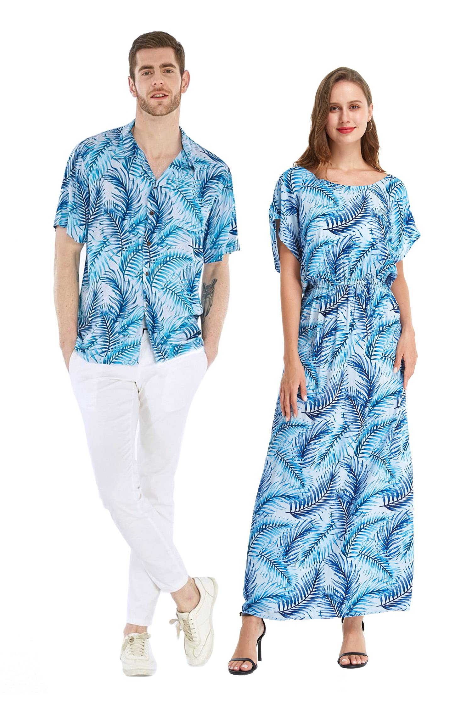 Hawaiian Couple Matching Outfit - Luau Shirt & Maxi Dress Set in Blue Leaf Print | Tropical Beach Vacation, Summer Party, Hawaiian Theme Date Night