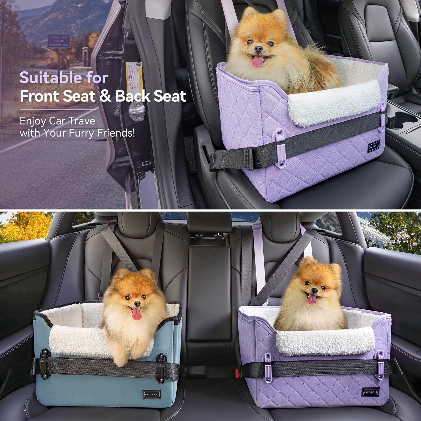 **Petsfit Small Dog Car Seat Booster - Portable Pet Travel Carrier with Clip-On Leash & Adjustable Straps for Small Dogs Up to 25lbs (Lavender Purple) - Perfect for Road Trips & Safe Car Rides**