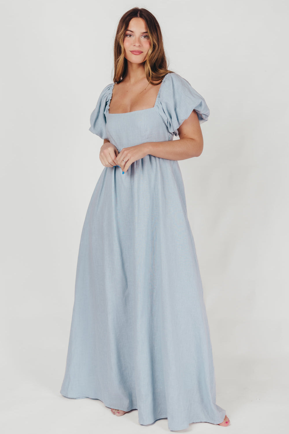 Candace Maxi Dress in Light Blue | 100% Linen Maternity Dress | Bump Friendly & Comfortable | Perfect for Summer, Beach, and Casual Outings