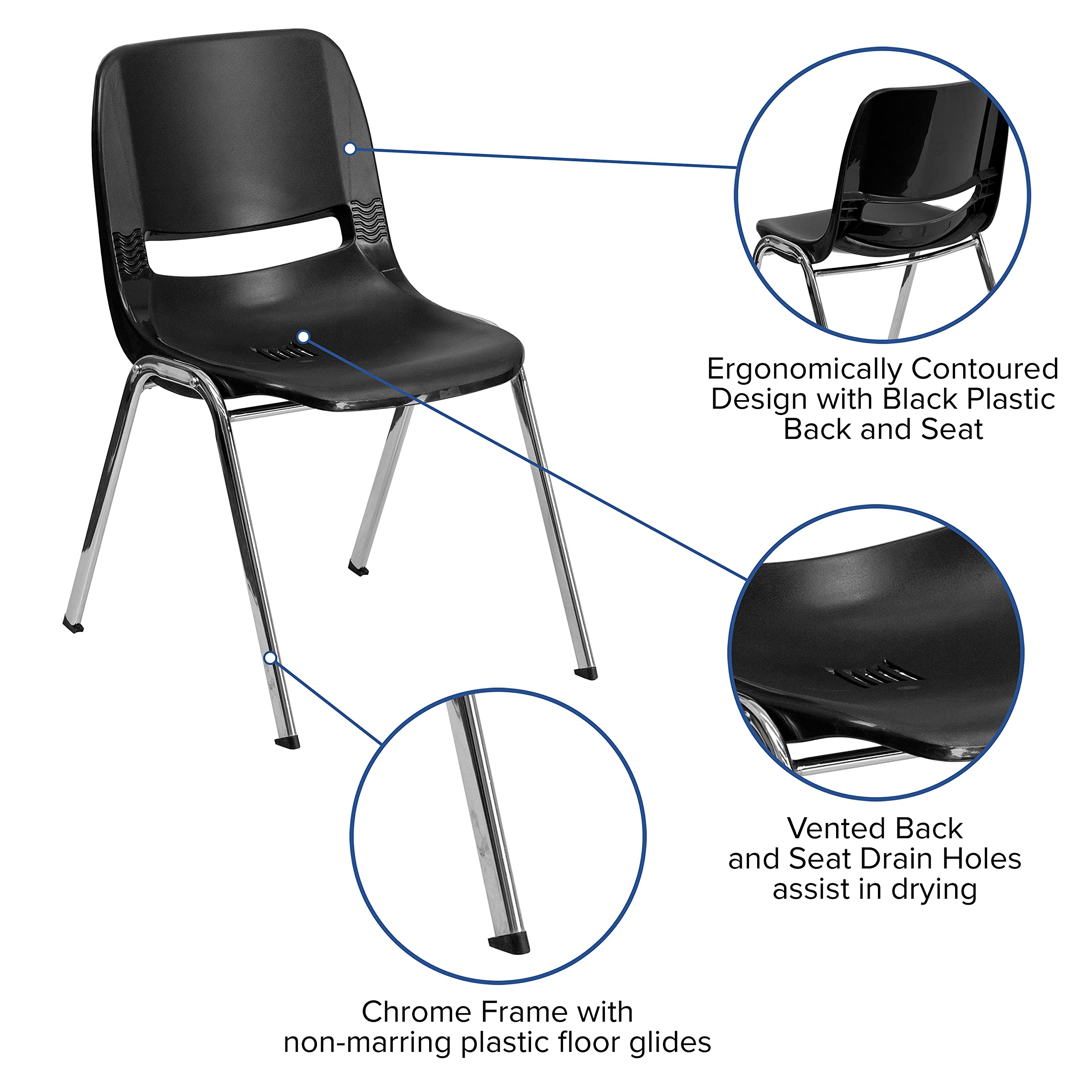EMMA + OLIVER Black Ergonomic Stackable Office Chair with Chrome Frame - 18