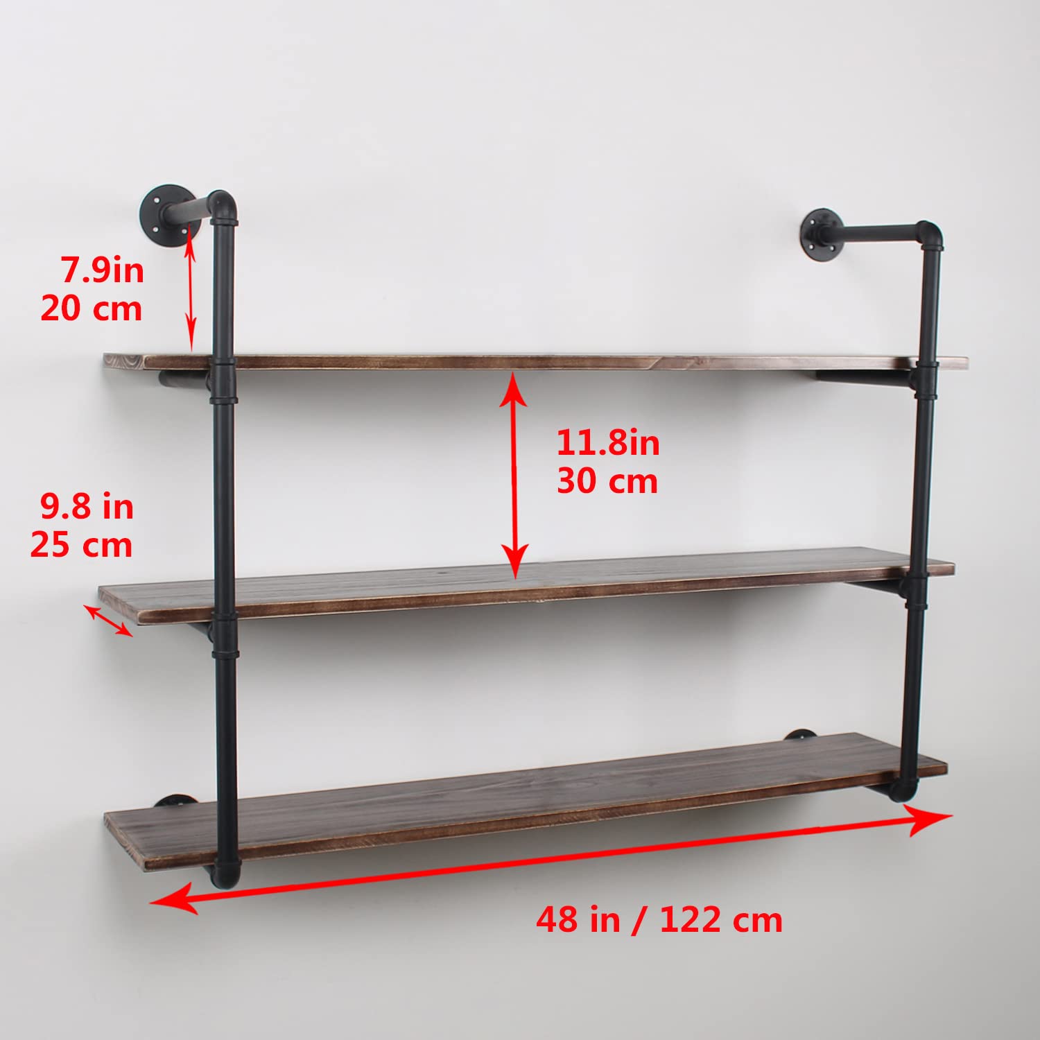 MBQQ Industrial Retro Pipe Shelf 48in - 3 Tier Wall Mounted Rustic Floating Shelves for Farmhouse Kitchen & Bar - Black DIY Bookshelf for Home Decor, Books & Storage | Perfect for Living Room, Bedroom & Office Organization