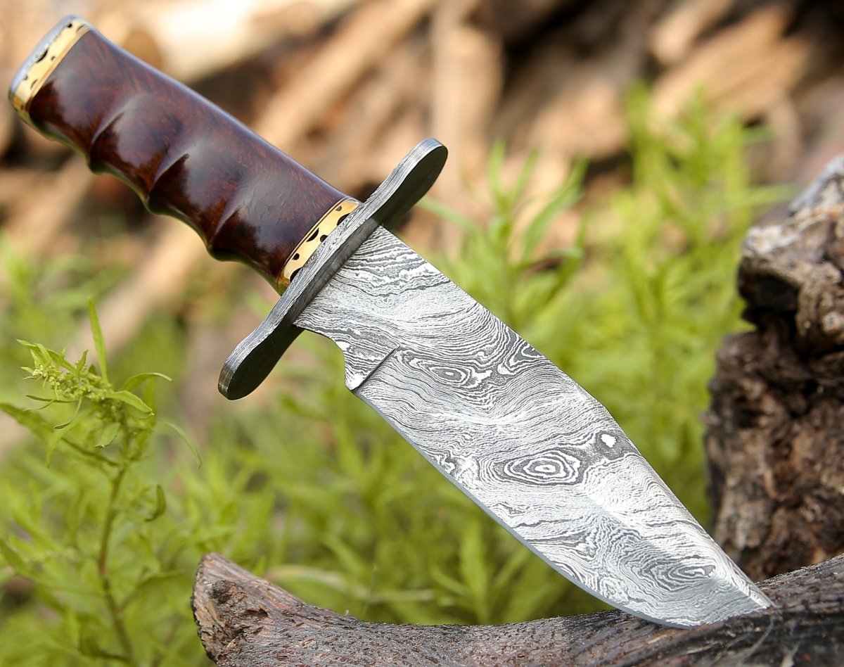 Premium Damascus Steel Bowie Knife with Exotic Rosewood Handle - Hunting, Camping & Outdoor Survival Essential