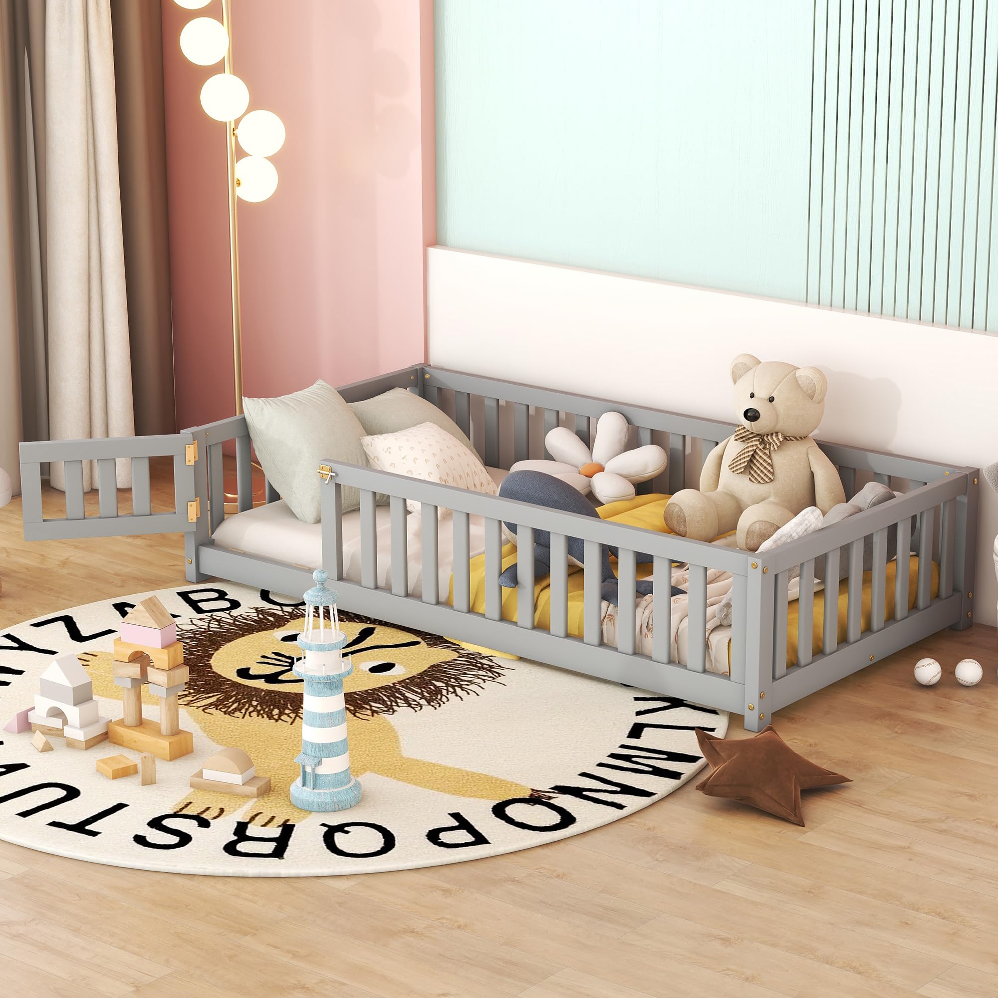 SOFTSEA Twin Size Floor Bed Frame with Safety Guardrails & Door for Kids - Solid Wood Toddler Bed with Fence - No Box Spring Needed - Easy Assembly - Gray - Perfect for Playrooms, Daycare Centers & Montessori Bedrooms