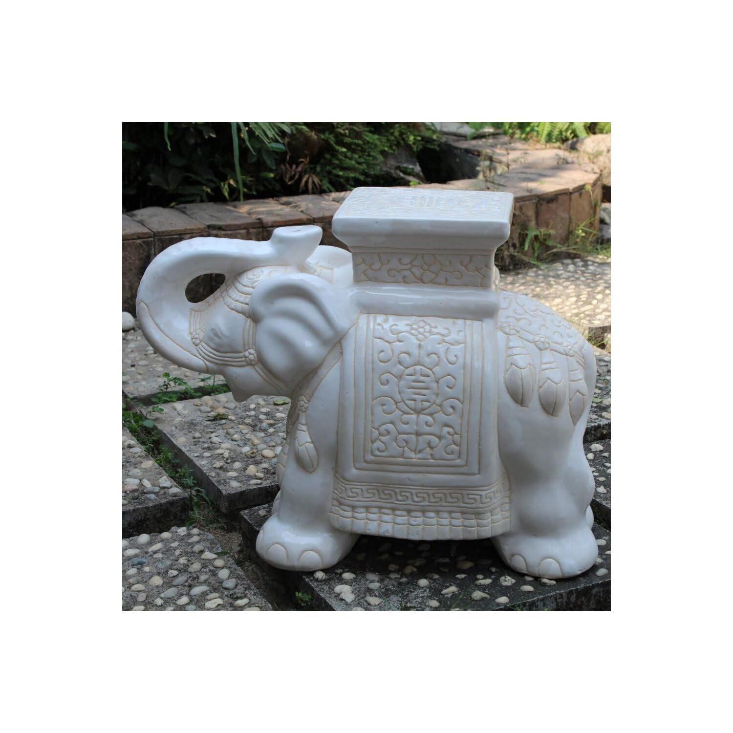 Large Porcelain Elephant Stool - Handcrafted Decorative Furniture Piece for Home & Garden | Perfect for Boho, Asian, or Eclectic Decor Styles