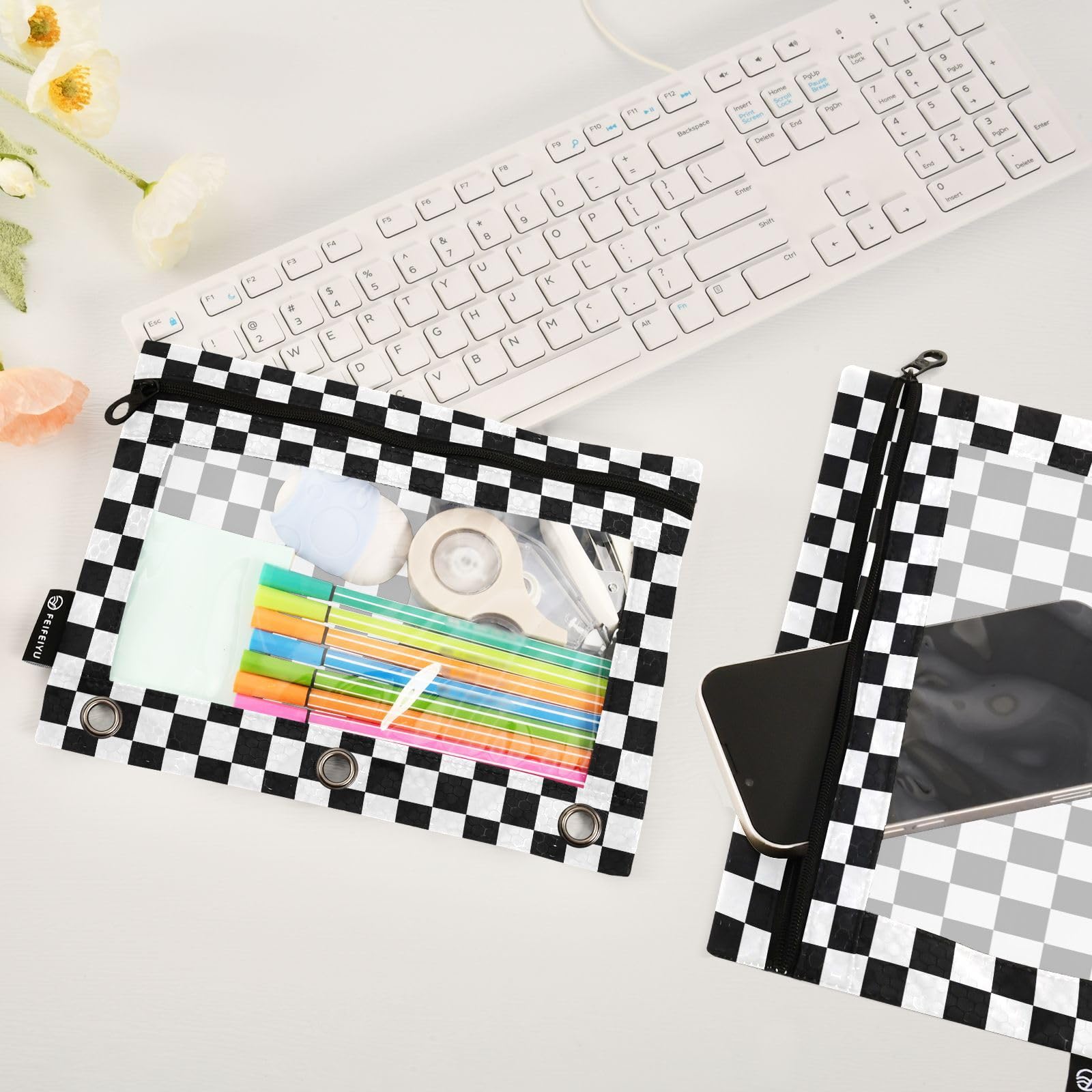 Waterproof Black & White Checkered Pencil Pouch with Clear Window - 2 Pack School Supplies for 3 Ring Binder, Kids, Boys & Girls - Perfect for Classroom, Office & Organization