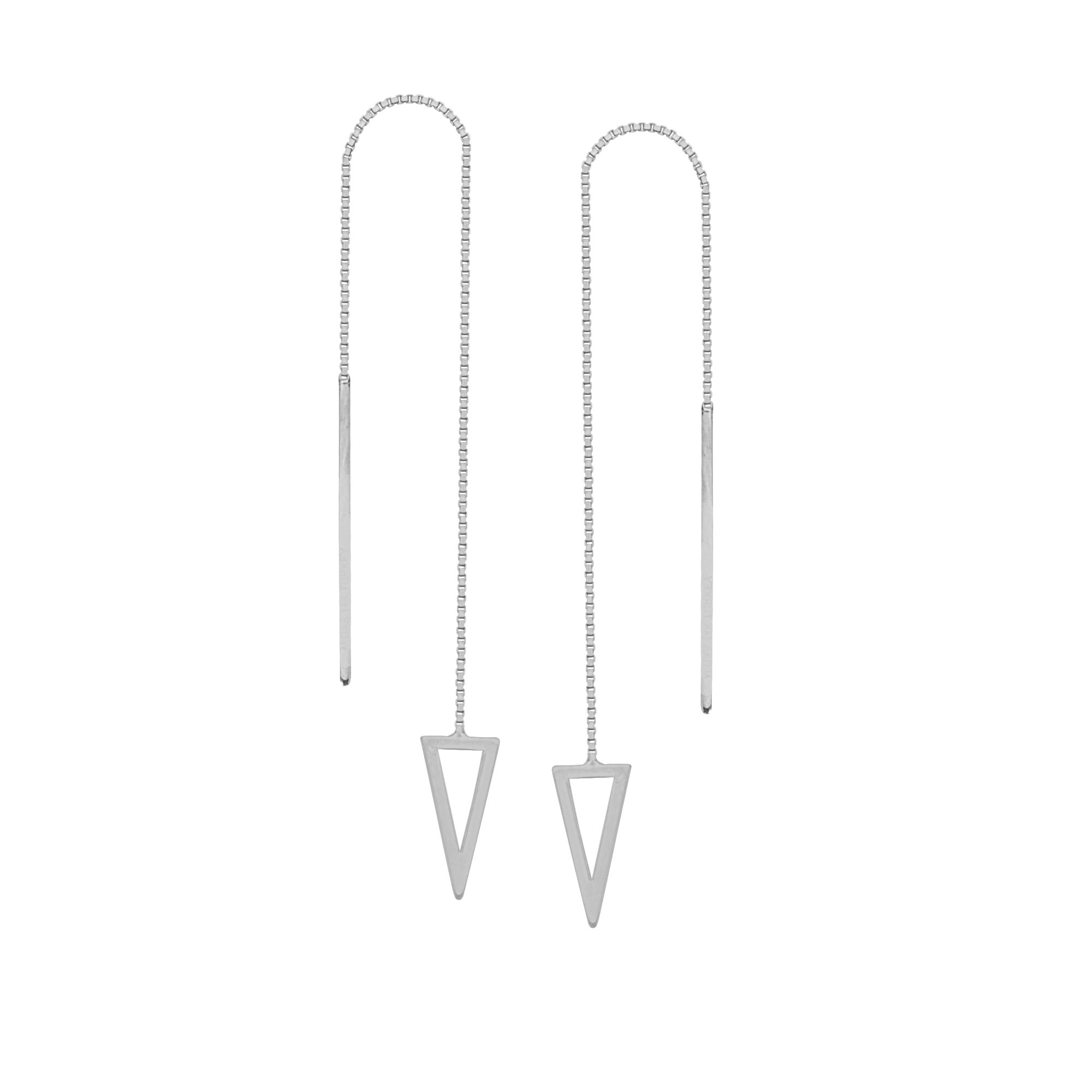 14K White Gold Threader Earrings - Polished Open Triangle & Bar Design with Box Chain - Elegant Dangle Earrings for Women, Perfect for Parties, Weddings & Everyday Wear
