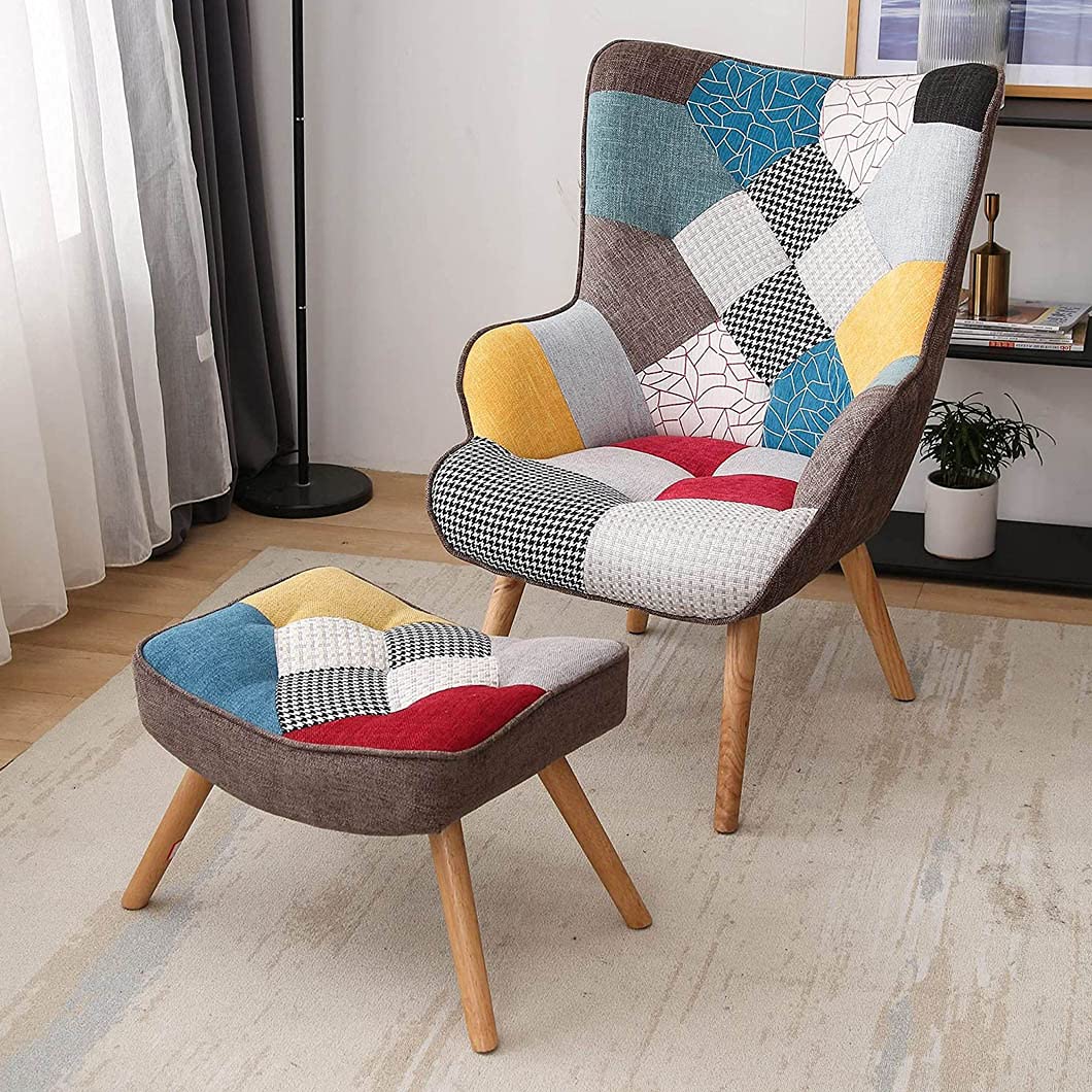 Flax Patchwork Multicolor Accent Chair with Ottoman - Upholstered Barrel Armchair Set for Living Room, Bedroom & Office | Cozy Seating for Reading Nook, Lounge Area & Home Decor