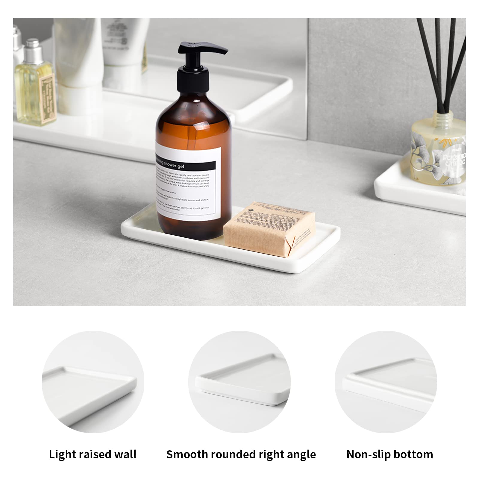 Gurygo 6 Inch White Ceramic Bathroom Tray - Rectangle Sink Organizer for Bathroom & Kitchen Counter - Porcelain Dispenser Holder for Soap, Sponge, Toothbrush - Perfect for Vanity, Shower, Bathtub Organization