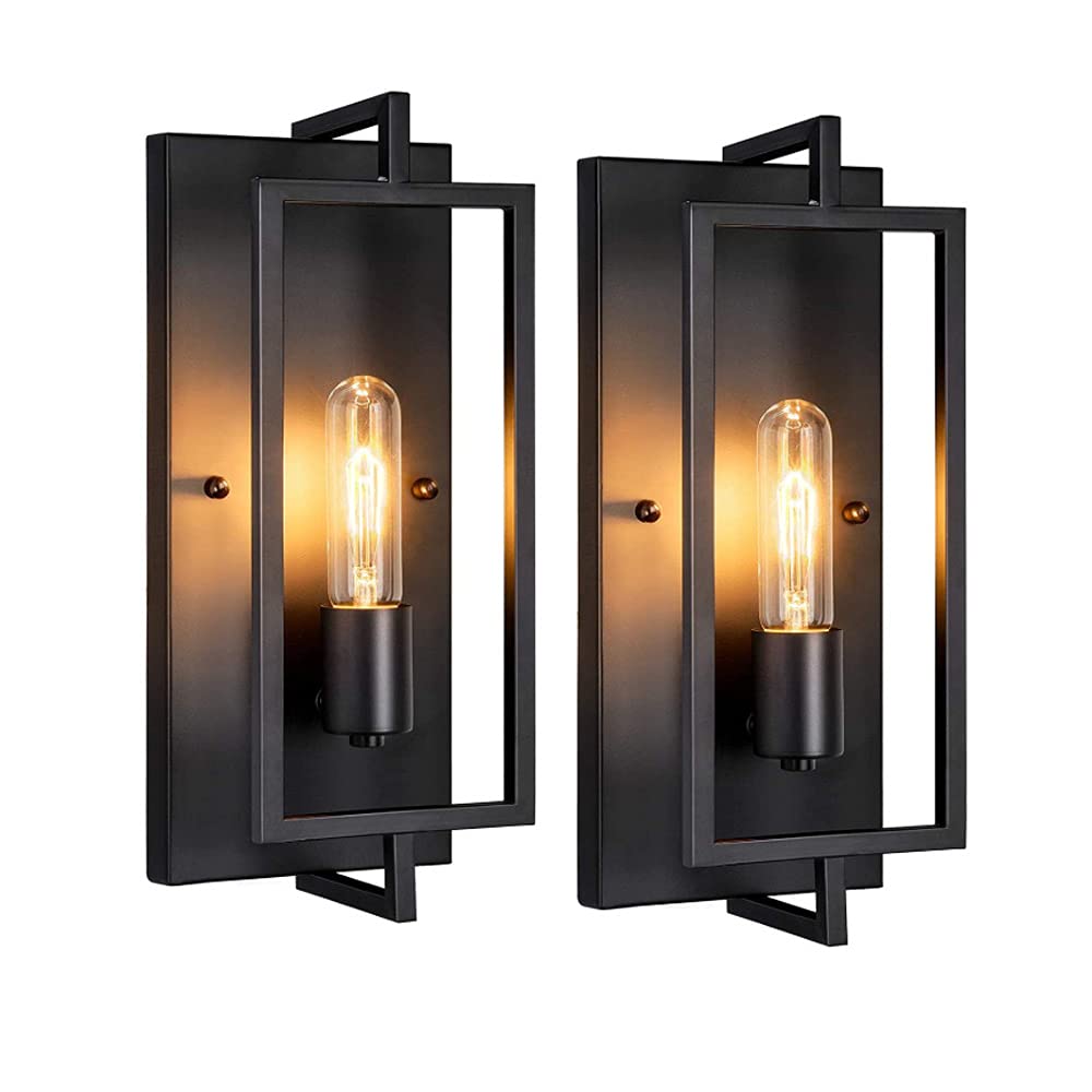 Vintage Industrial Wall Sconce Set of 2 - Matte Black Metal Rustic Wall Mount Lighting Fixture with E26 Base - Modern Indoor Wall Lamp for Living Room, Bedroom, Hallway & Home Decor