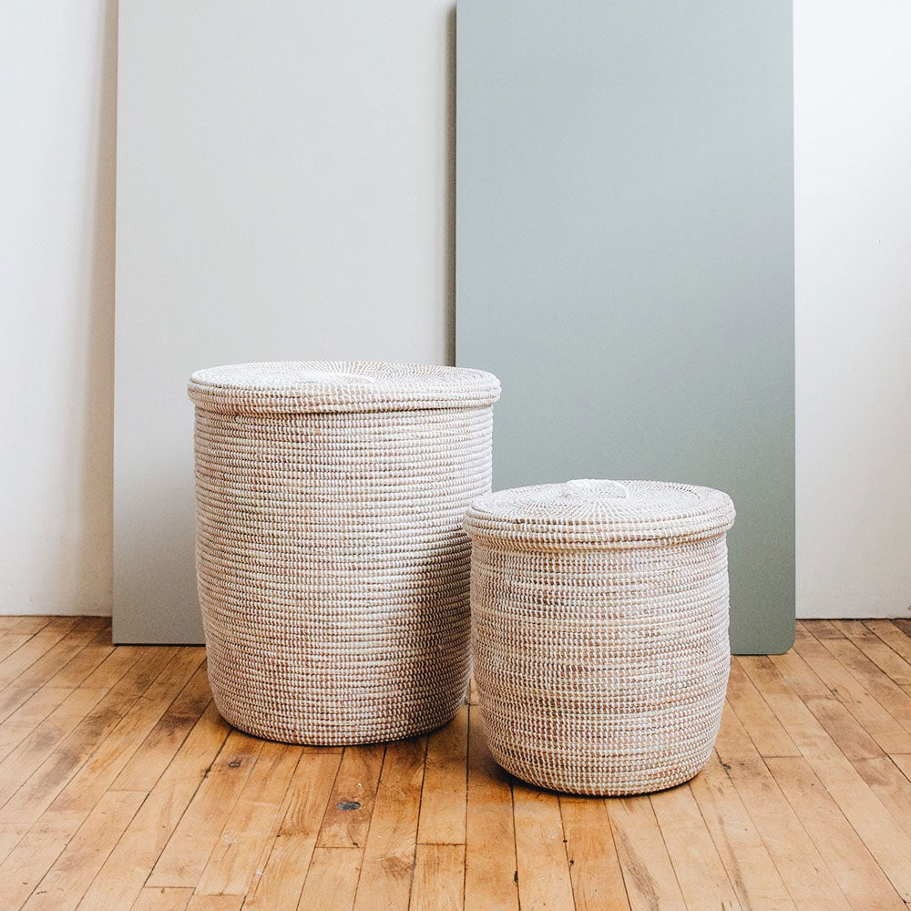 White Flat Lid Woven Storage Hamper Set - Foldable Laundry Basket for Bedroom, Bathroom & Closet Organization