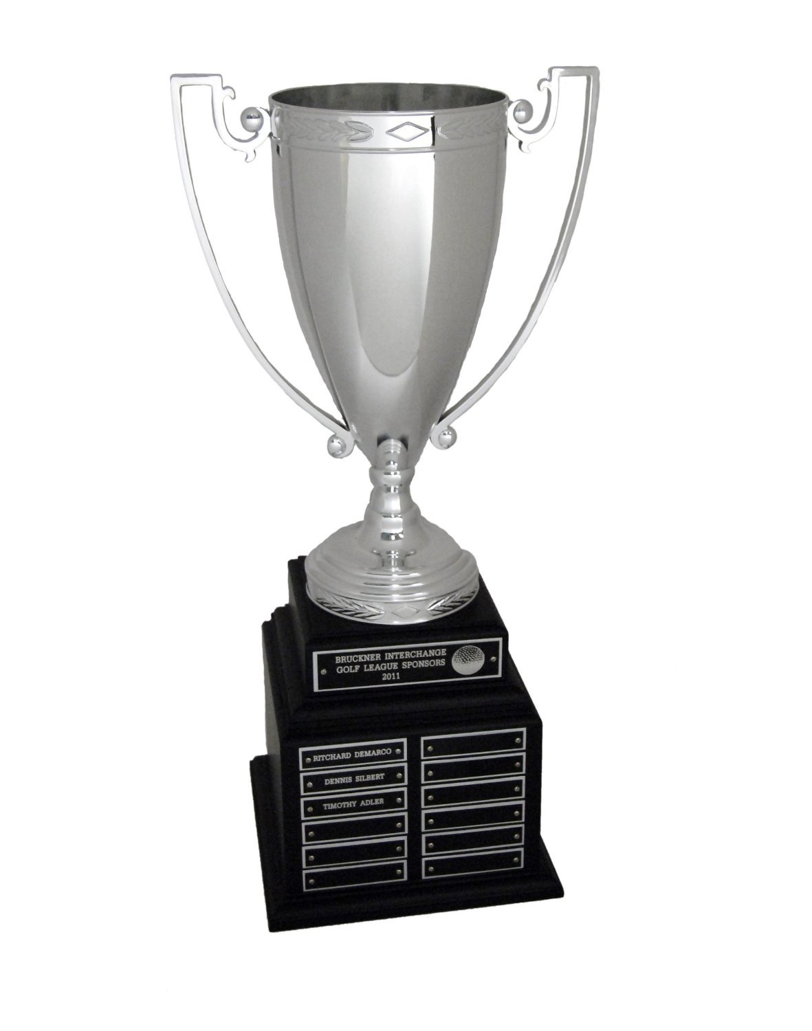Perpetual Silver Trophy Cup on Black Base with 48 Engraved Name Plates - Customizable Awards for Sports, Academic Achievements & Corporate Recognition