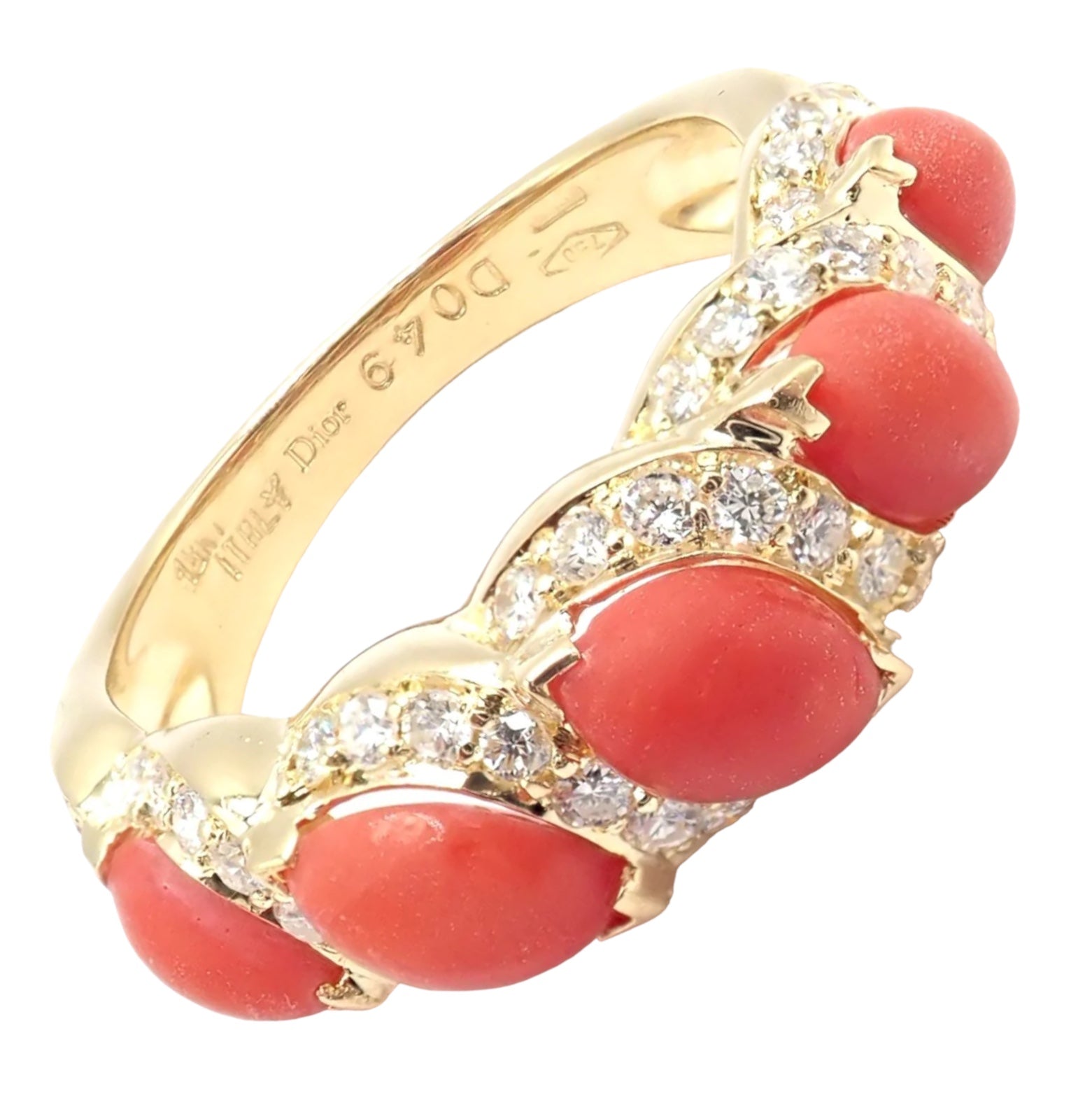 Authentic Christian Dior 18K Yellow Gold Diamond Coral Band Ring - Luxury Vintage Jewelry for Women, Perfect for Weddings, Anniversaries & Special Occasions